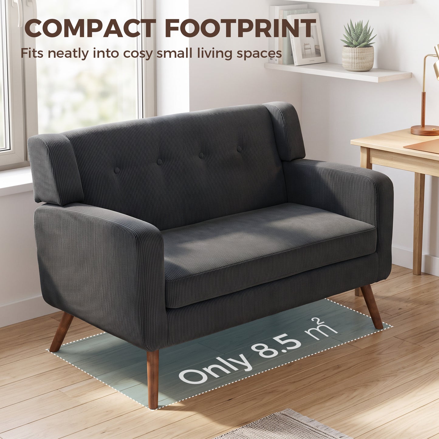 HOMCOM 2 Seater Sofa, 118 cm Corduroy Small Loveseat with Spring Cushion, Wood Legs for Small Space, Living Room, Dark Grey