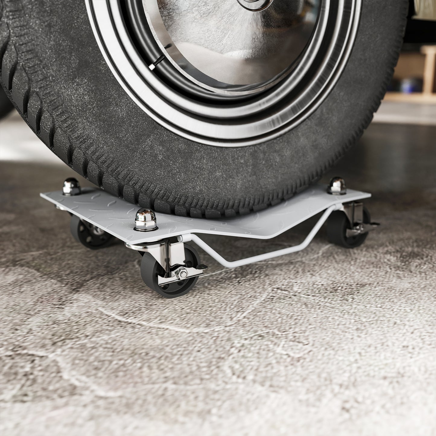 DURHAND Two-Piece Car Wheel Dolly with Swivel Casters, Non-Slip Metal Plates, 680kg Capacity, Grey
