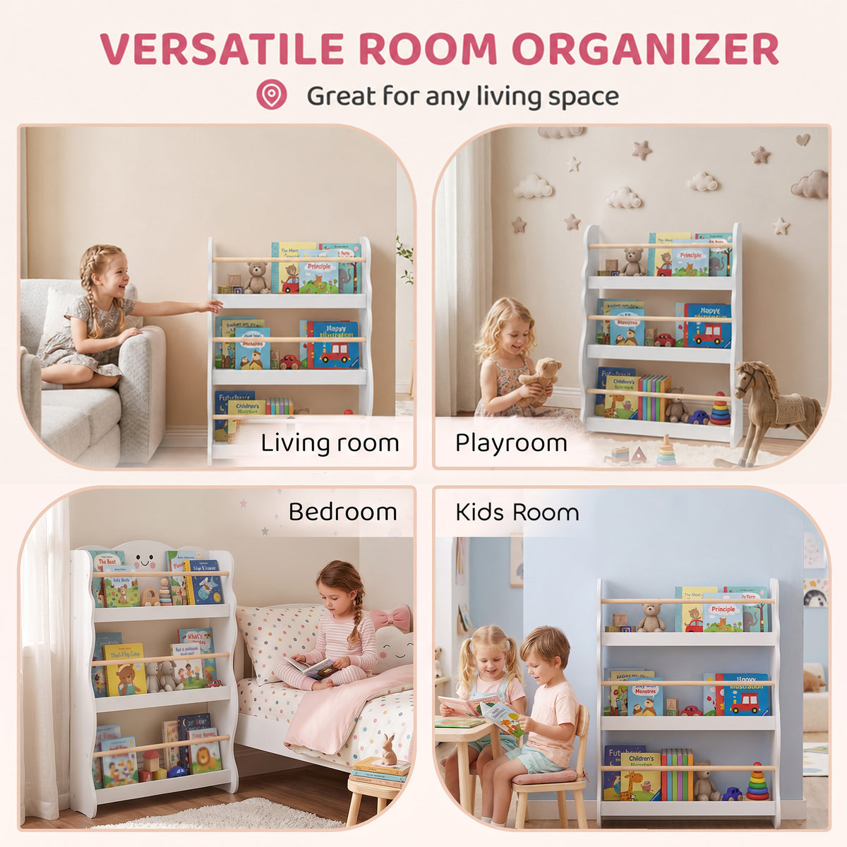 AIYAPLAY 3-Tier Kids Bookshelf Wall Mounted, Kids Bookcase for Playroom, Living Room for Toddlers and Children Aged 3-8, White