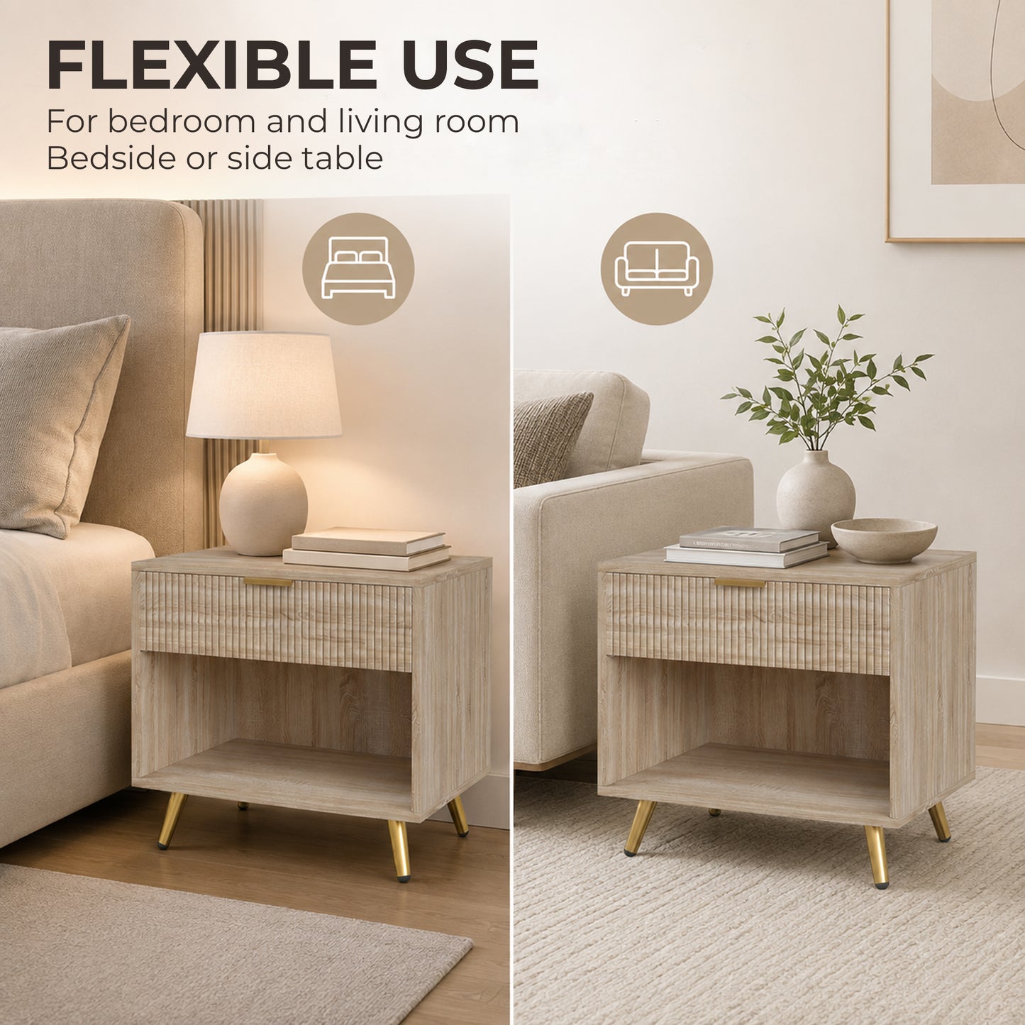 HOMCOM Bedside Table with Drawer and Open Compartment, Nightstand with Handle for Bedroom, Living Room, Natural Wood Finish