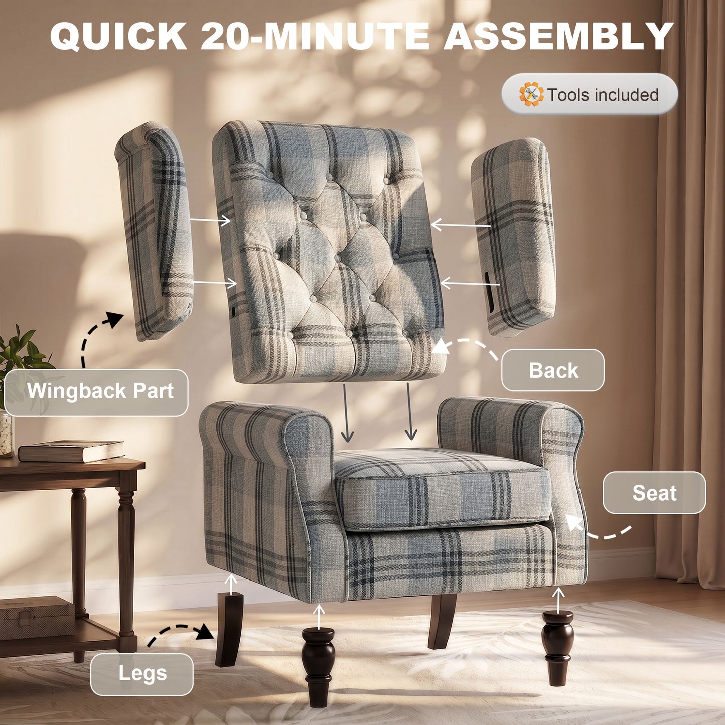 HOMCOM Faux Linen Armchair with Thick Spring Cushion, Wingback Accent Chair with High Back, Solid Wood Legs, Mixed Plaid