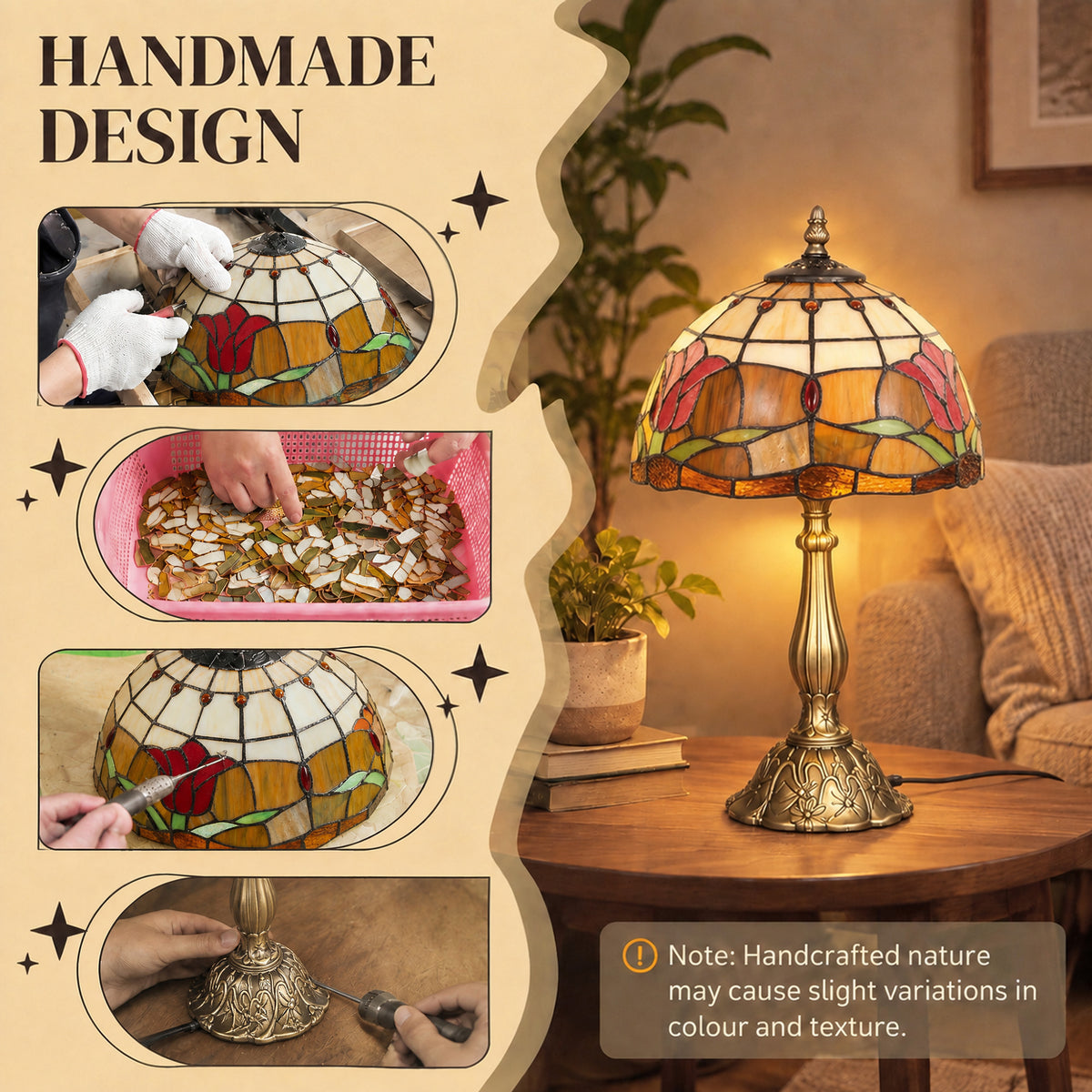 HOMCOM Tiffany Stained Glass Table Lamp, Handcrafted Artisan Lamp, Red, Ã˜25 x 45H cm, Zinc Alloy