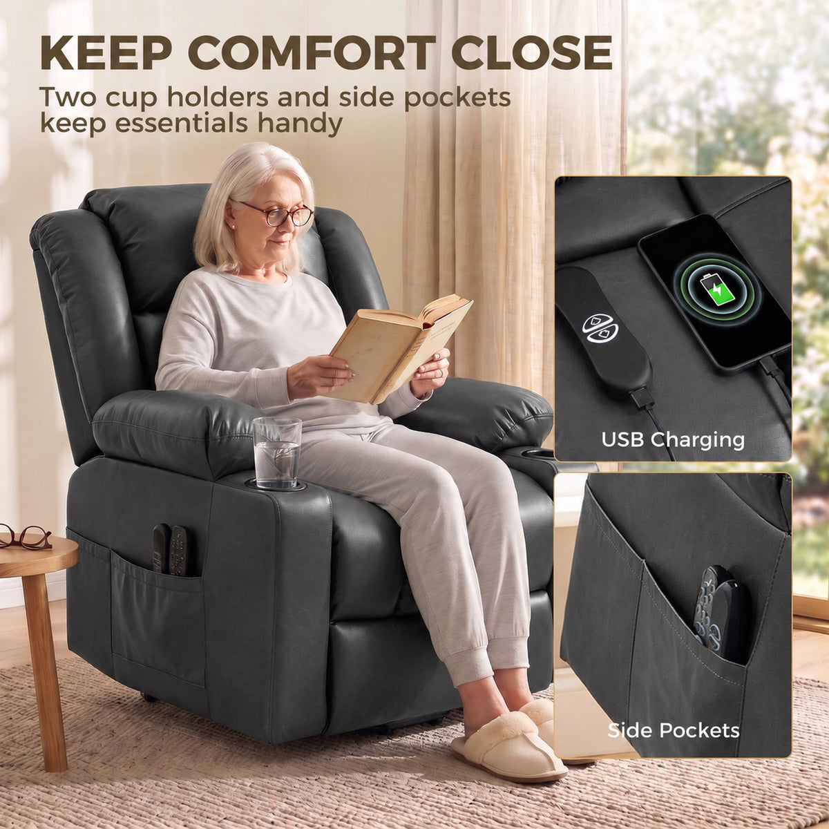 HOMCOM Riser Recliner Chair with Massage and Heat for Elderly, PU Leather Power Electric Lift Armchair, Cup Holders, Dark Grey
