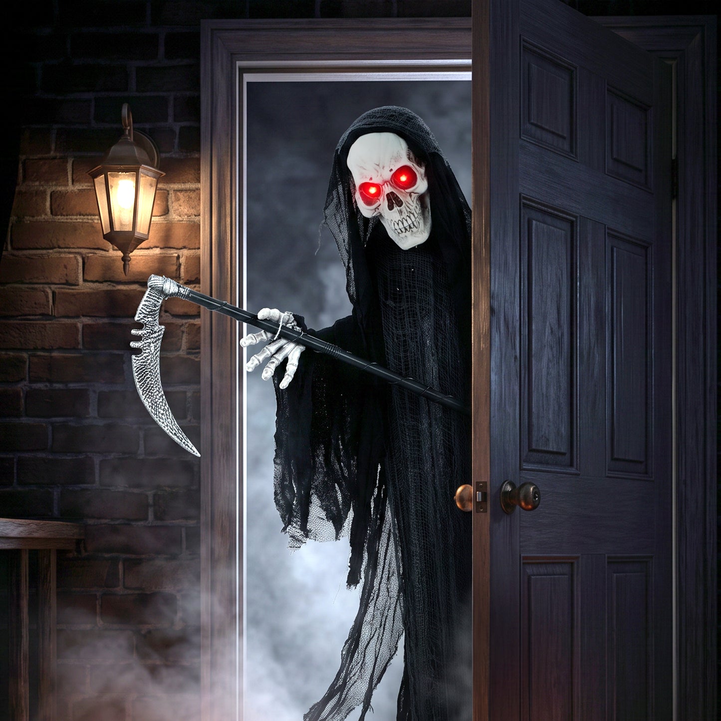 HOMCOM 183cm Life Size Animated Grim Reaper Halloween Decoration, Scary Halloween Animatronics Decor with Sound Touch Activated