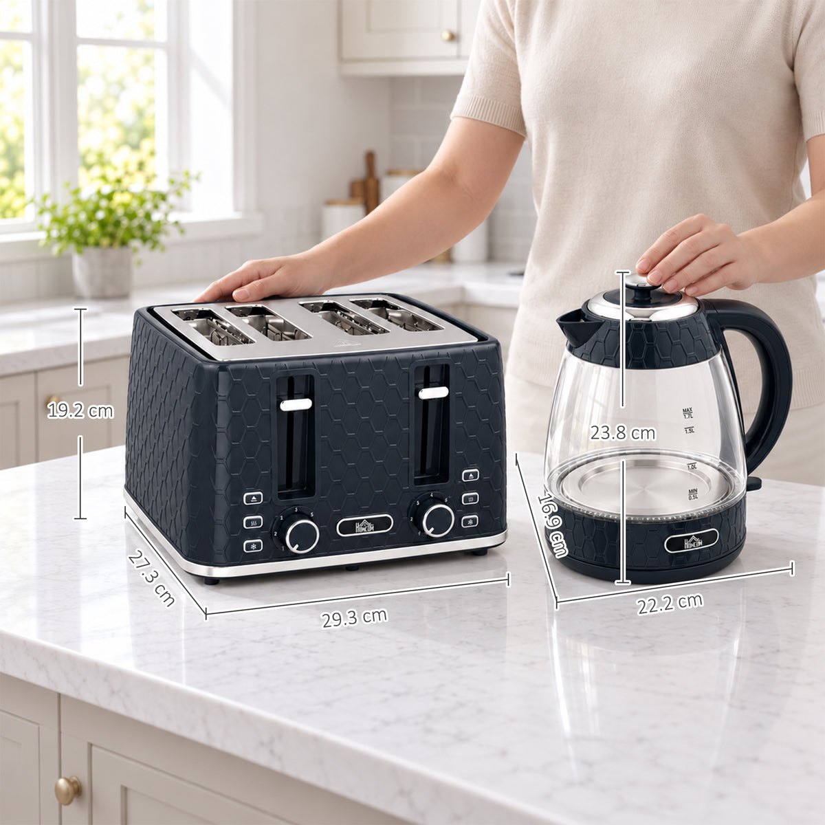 HOMCOM Kettle and Toaster Set, 1.7L 3000W Rapid Boil Jug Kettle with Limescale Filter, 4 Slice Toaster, Blue