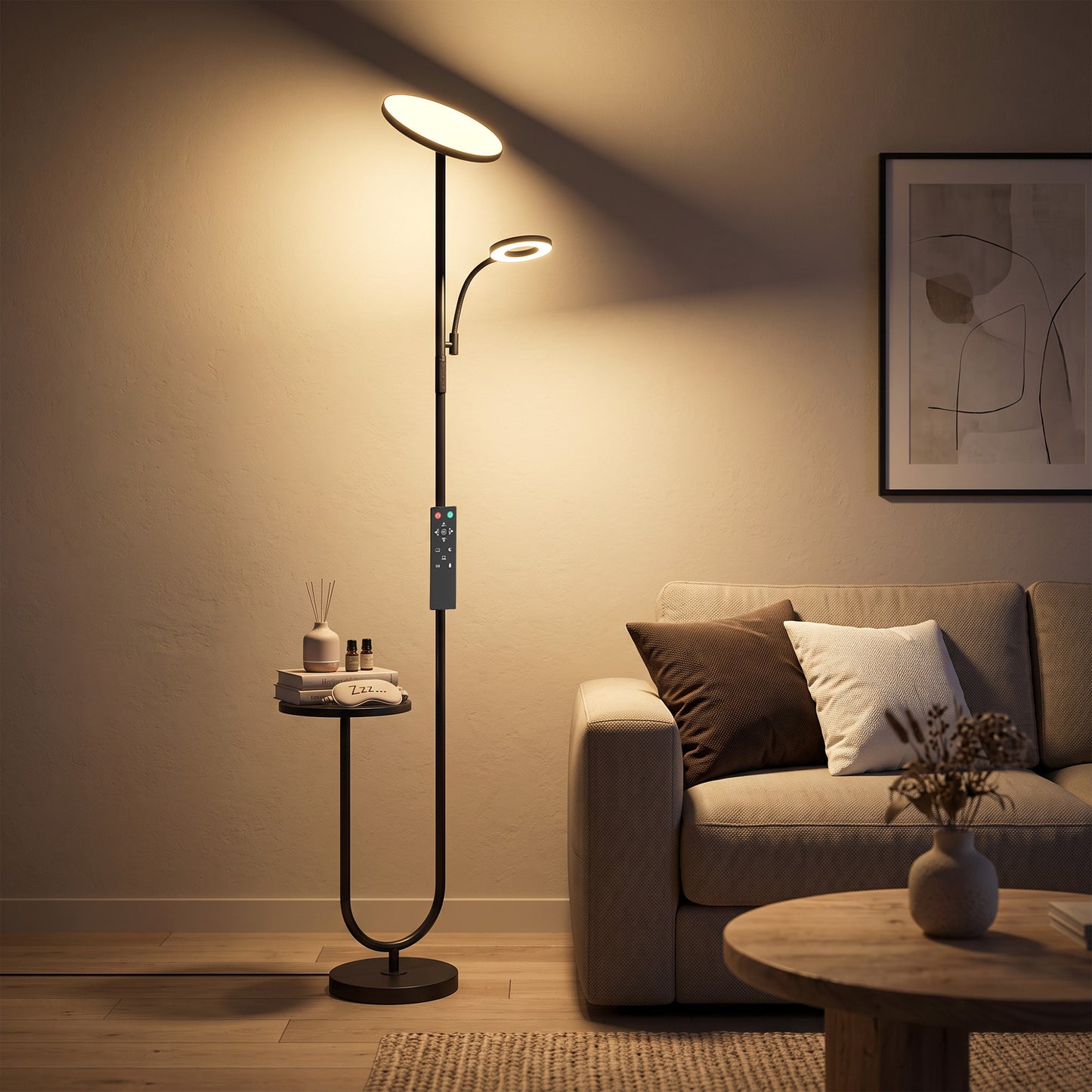 HOMCOM Uplighter Floor Lamp with Table and Reading Light, Dual Light Dimmable Standing Lamp with Remote & 4 Colour Temperatures