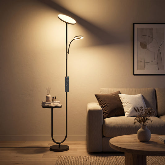 HOMCOM Uplighter Floor Lamp with Table and Reading Light, Dual Light Dimmable Standing Lamp with Remote & 4 Colour Temperatures