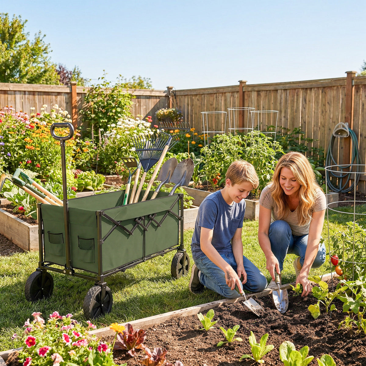 Outsunny 95L Foldable Festival Trolley on Wheels, Collapsible Wagon Cart with Adjustable Handle and 2 Cup Holders, Dark Green