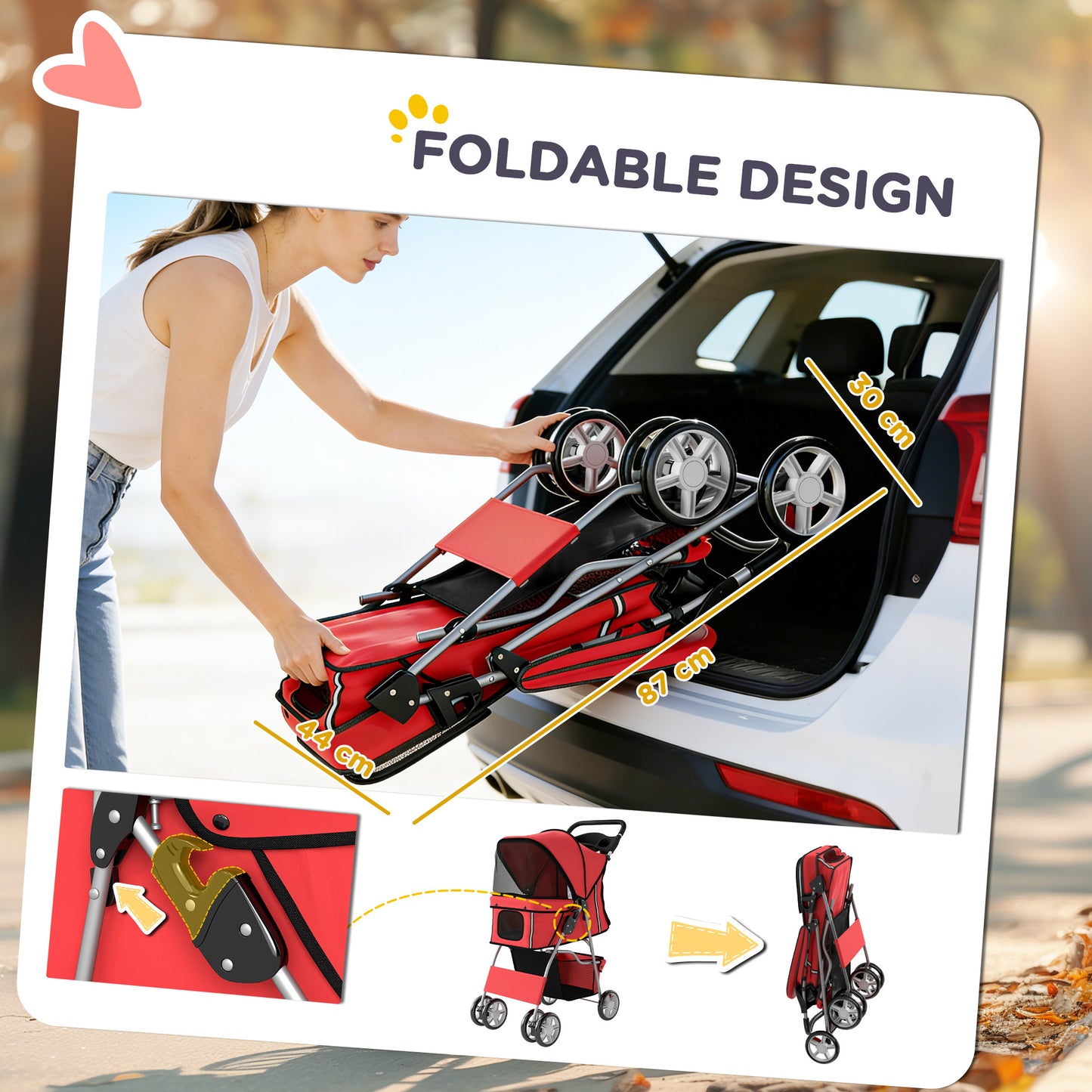 PawHut Dog Pram, Pet Stroller with Reflective Strips, Foldable Cat Stroller with 360Â° Swivel Wheels, Red