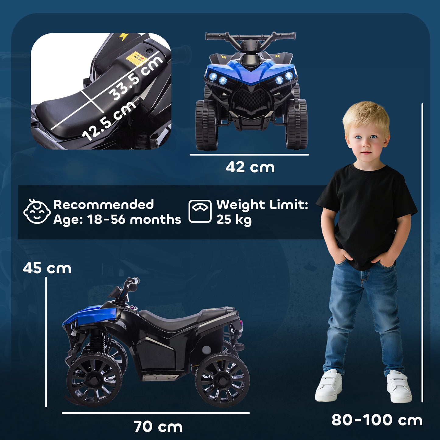 AIYAPLAY 6V Kids ATV, 4 Wheeler Electric Ride on Car with Music and LED Headlights, for Ages 18-56 Months Boys and Girls, Blue