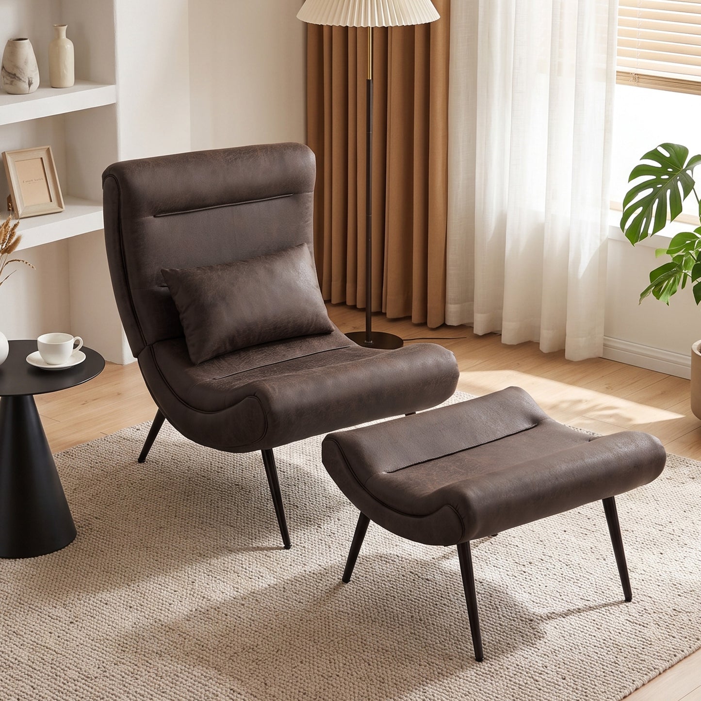HOMCOM Modern Accent Chair with Footstool, Upholstered Lounge Chair with 64cm Wide Seat, Lumbar Pillow, Trapezoidal Backrest