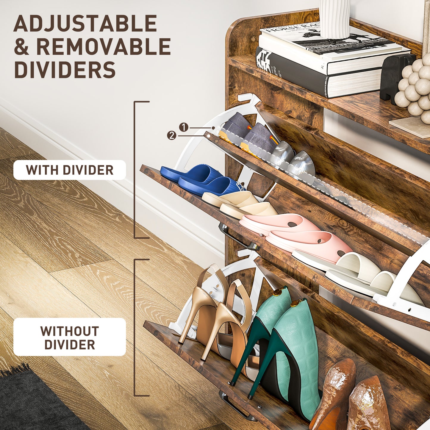 HOMCOM Two Flip Drawer Narrow Shoe Cabinet with Adjustable Shelves - Rustic Brown - LiamsBargains.co.uk