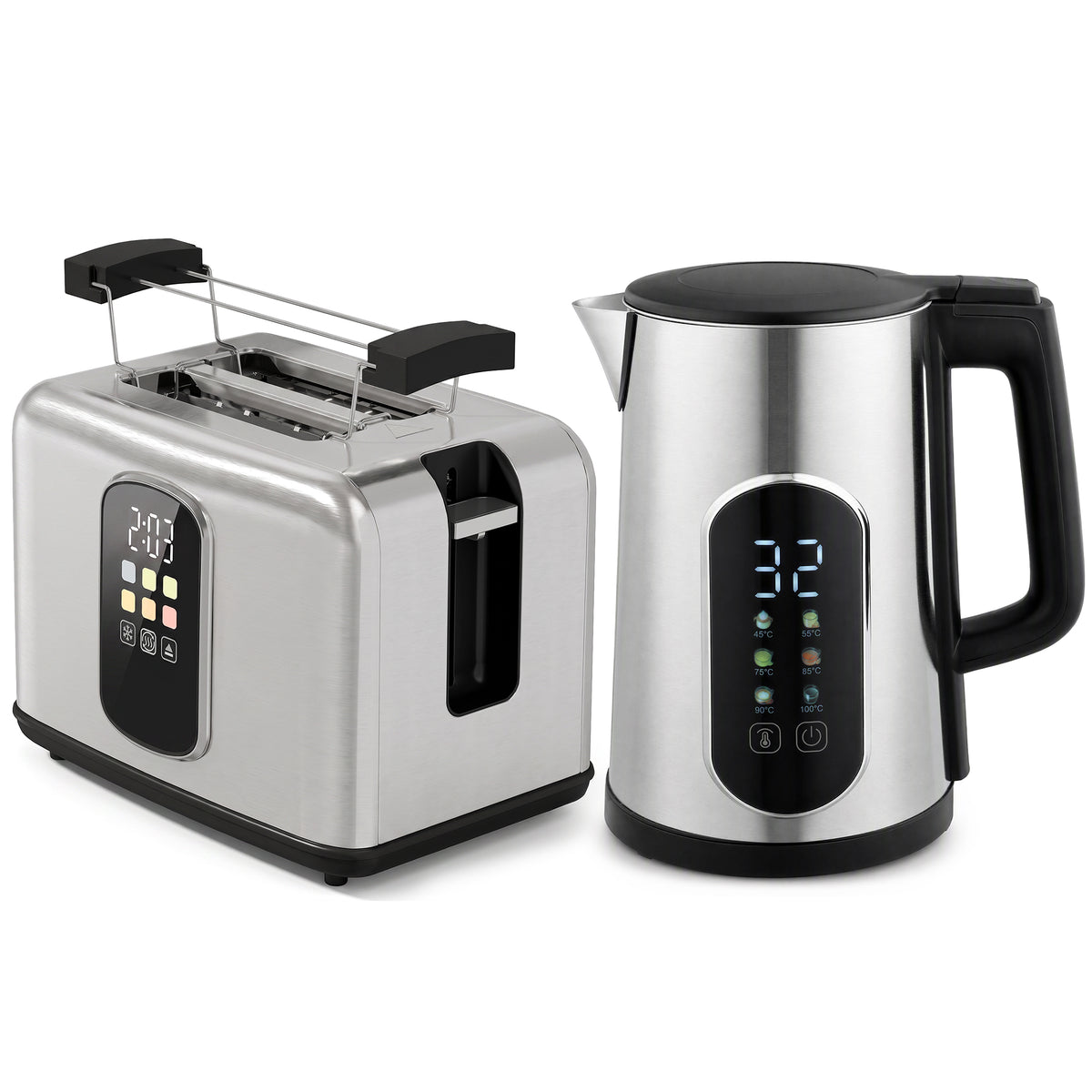 HOMCOM Kettle and Toaster Set with LED Touch Screen, Kettle with Strix Thermostat, 2 Slice Toaster w/ 6 Browning Levels, Silver Default Title