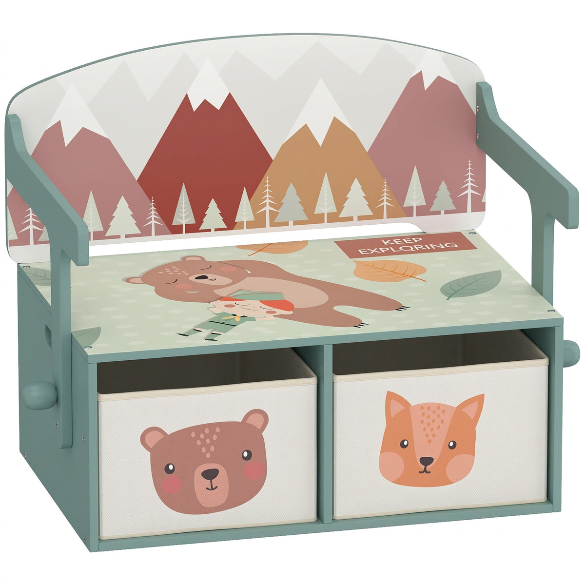 AIYAPLAY Kids Table and Chair Set, 3 in 1 Wooden Toy Box with 2 Fabric Drawers for Bedroom, Playroom, Gift for Boys Girls, Green Default Title