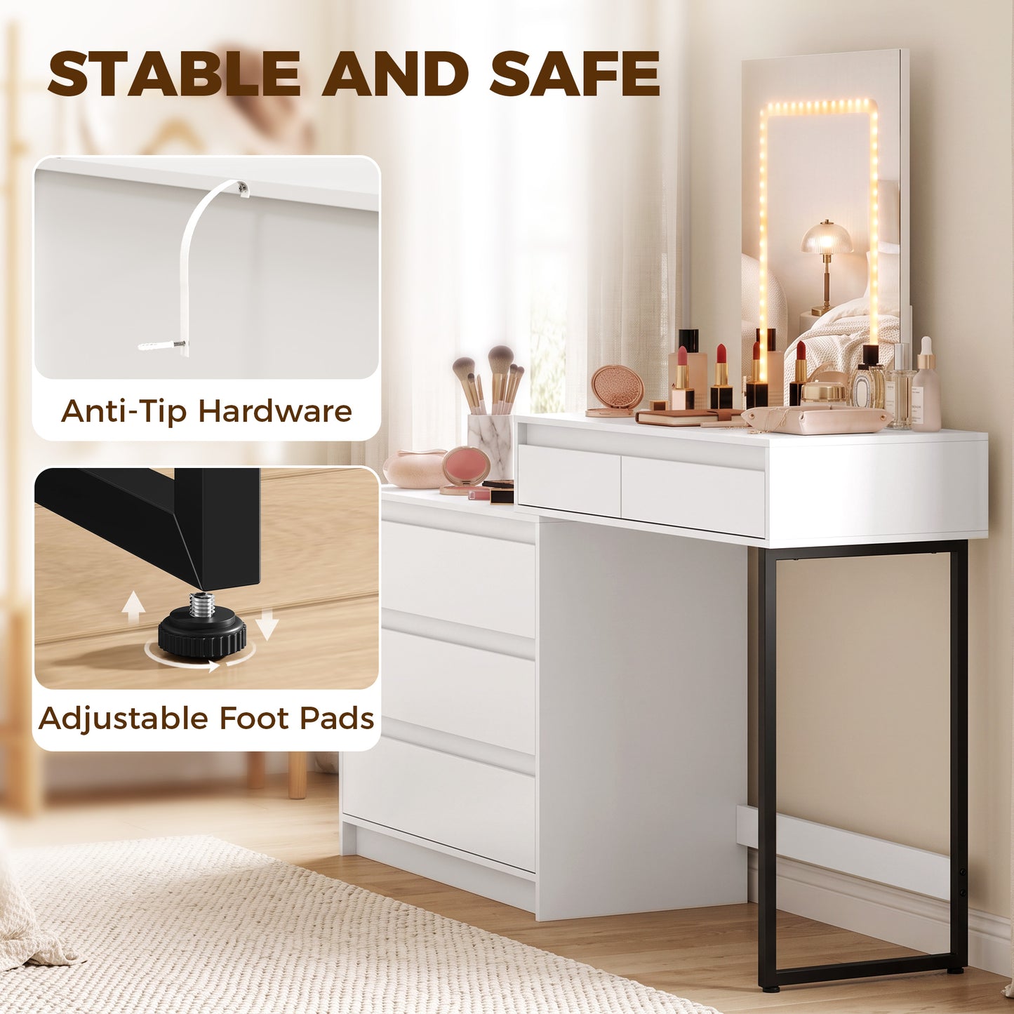 HOMCOM Vanity Makeup Desk LED Mirror Dressing Table Large Storage 5 Drawers White