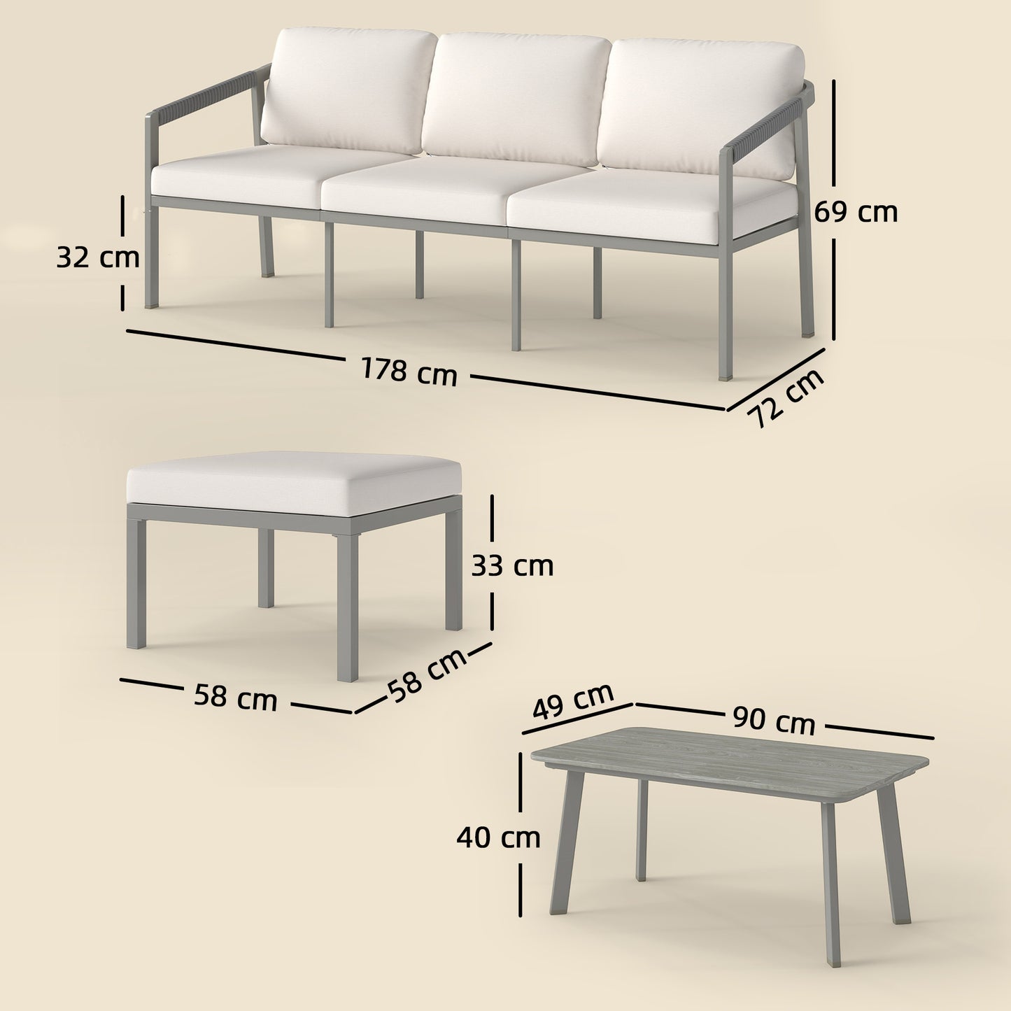 Outsunny 3 Piece Garden Dining Set, Outdoor Patio Furniture with 3 Seater Sofa, Footstool, Coffee Table and Cuhsions