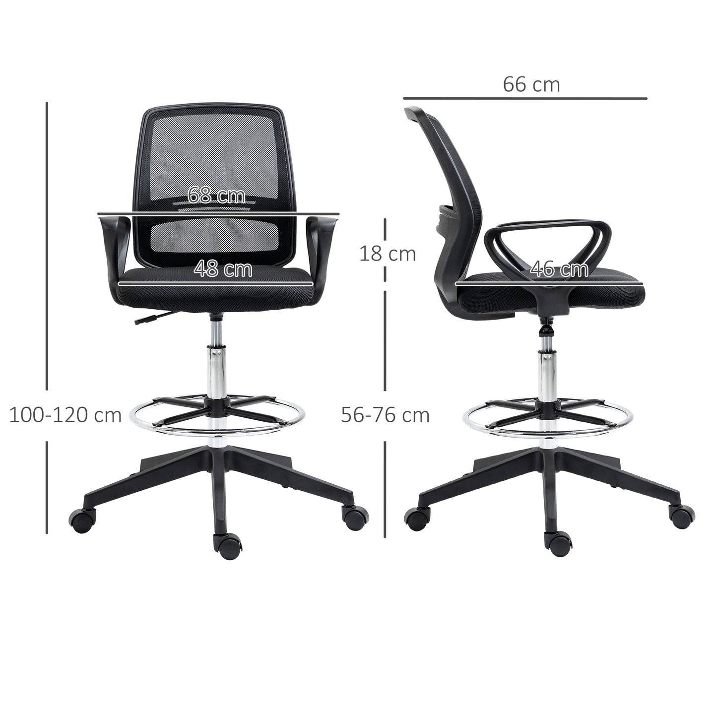Vinsetto Ergonomic Mesh Back Draughtsman Chair, Tall Standing Desk Chair with Adjustable Height and Footrest 360Â° Swivel, Black