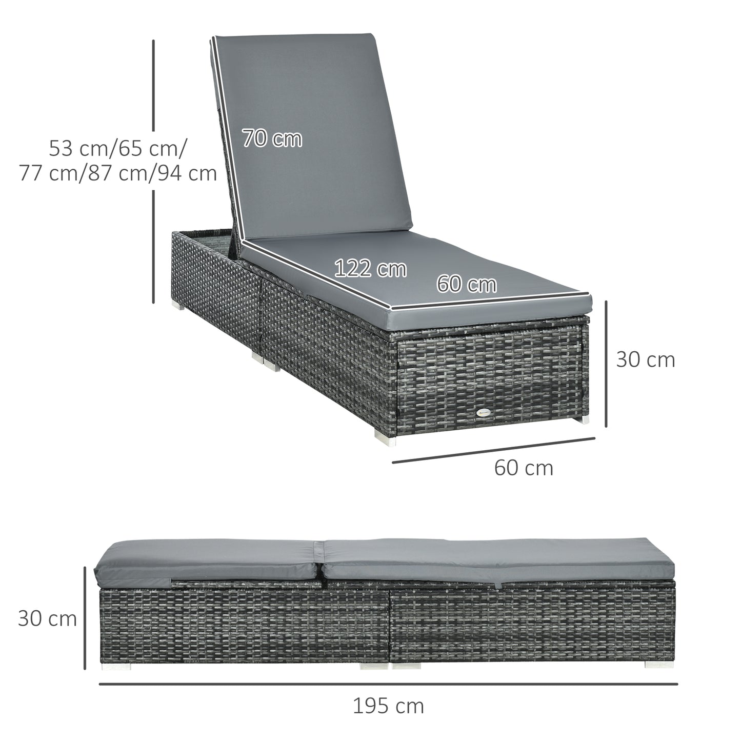 Outsunny PE Rattan Sun Lounger, Five-level Adjustable Recliner Bed Chair with Soft Padded Cushion for Patio, Garden, Mixed Grey