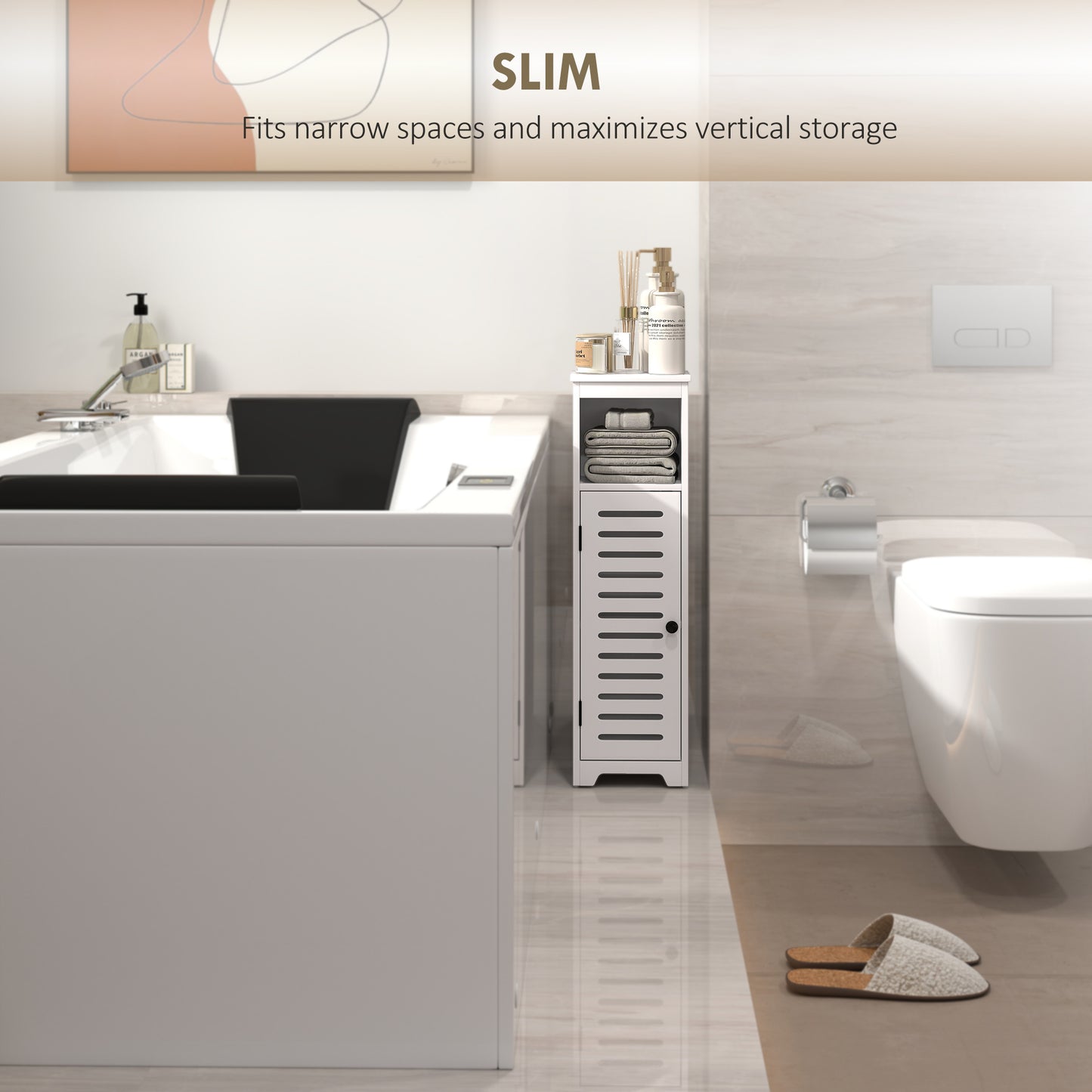 HOMCOM Bathroom Floor Cabinet, Bathroom Storage Unit with Louvered Door, Open Shelf, Adjustable Shelf, White, 22 x 20 x 75 cm