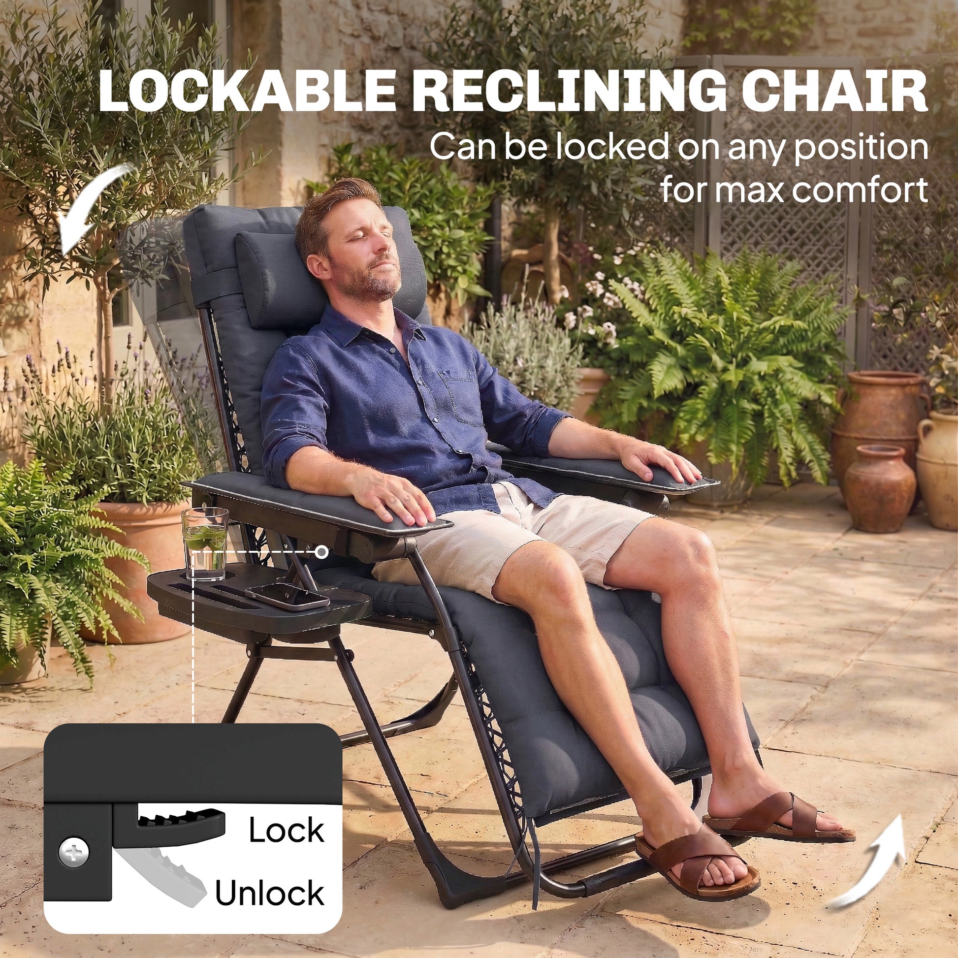 Outsunny Zero Gravity Chair, Folding Sun Lounger Reclining Garden Chair with Arm Pads, Cushion, Cup Holder, Headrest, Dark Grey