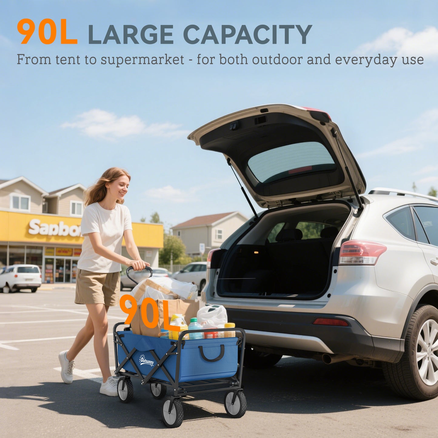 Outsunny 90L Festival Trolley on Wheels, Folding Camping Trolley Cart with Adjustable Handle, Portable for Outdoor, Garden, Shopping, Fishing, Navy Blue