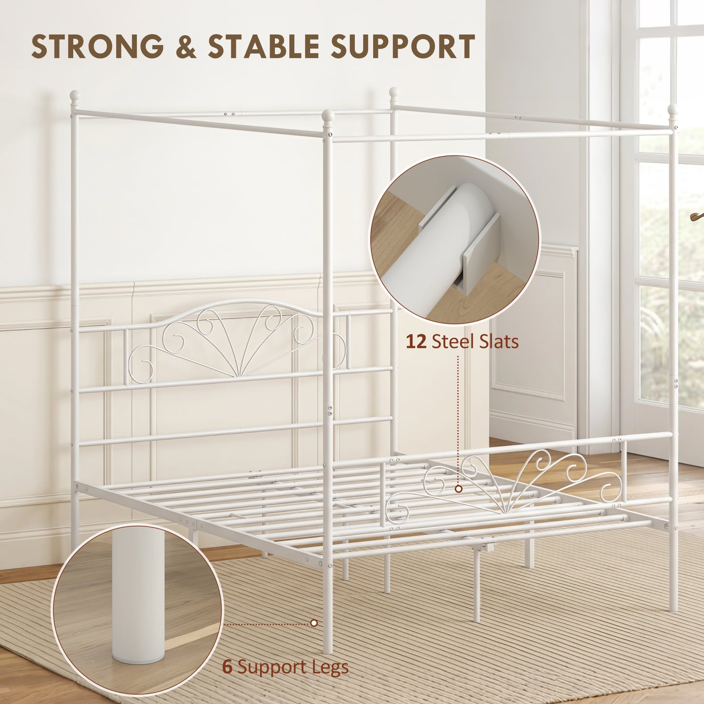 HOMCOM Canopy Bed Frame Double Size, Metal Platform Bed Frame with Headboard and Footboard, Underbed Storage, White