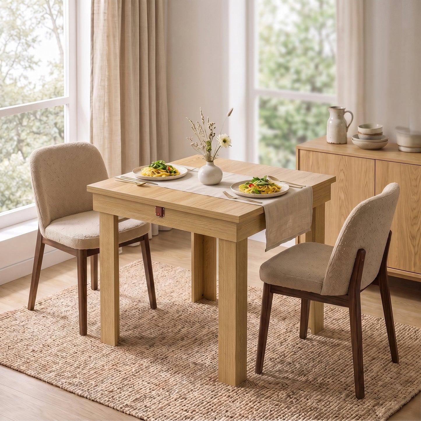 HOMCOM Folding Dining Table Under-Table Storage Extendable Kitchen Table Steel Rail Oak Effect