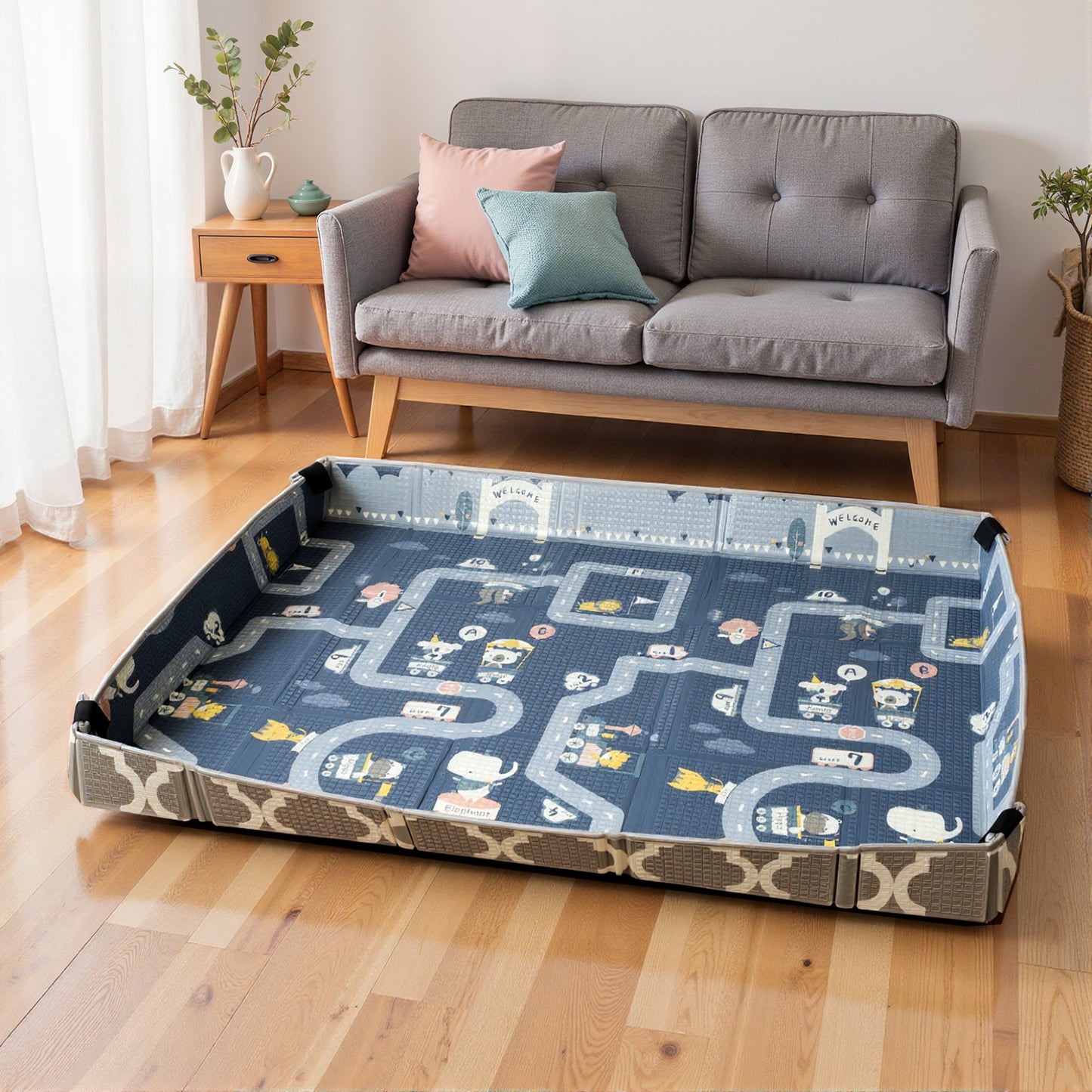 AIYAPLAY Foldable Baby Play Mat, Baby Playpen, Reversible Foam Playmat, Floor Mats for Toddlers, Traffic and Grey Diamond Theme