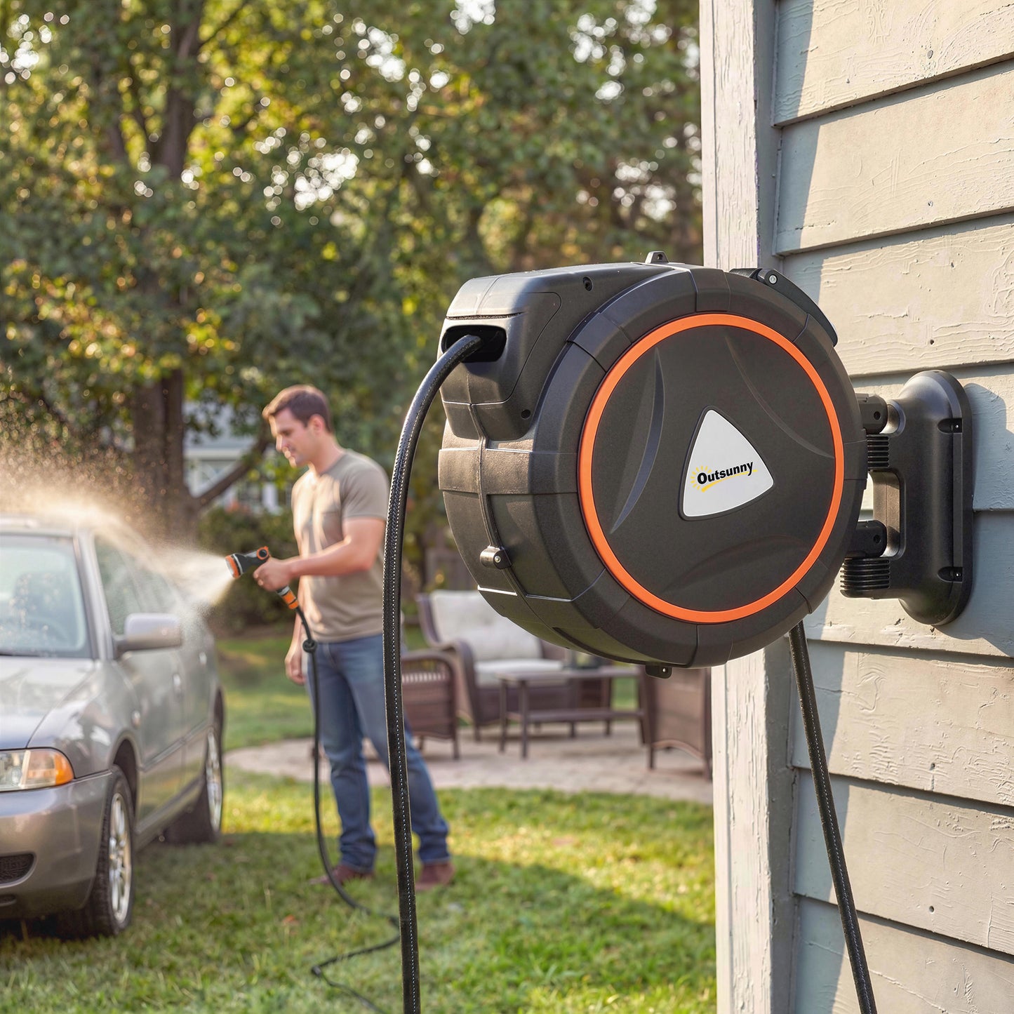 Outsunny 28+2m Retractable Hose Reel Wall Mounted with Auto Retraction, Self-Locking, Slow Return System, 12-Pattern Nozzles