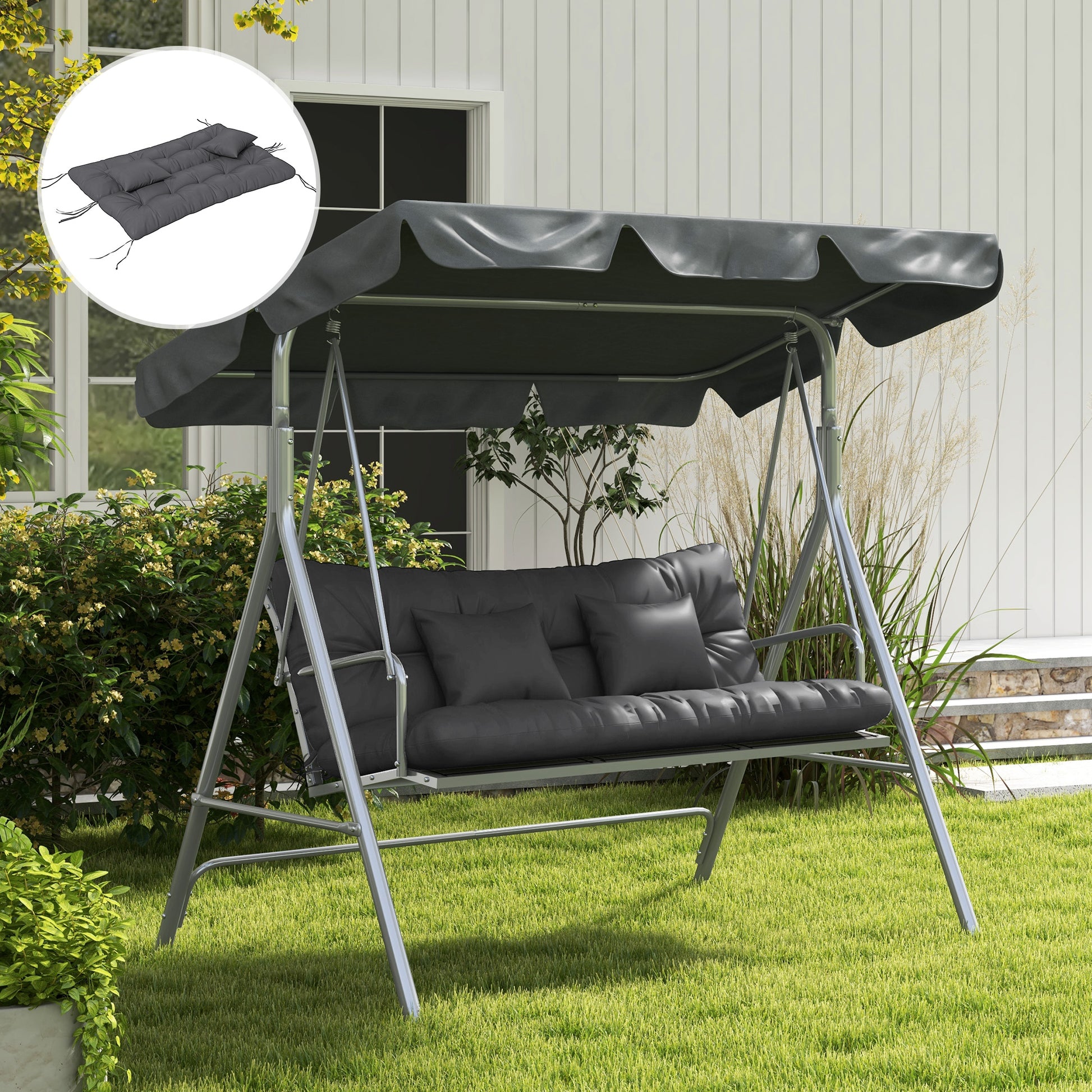Outsunny Back and Seat Cushion Replacement with 2 Pillows, Patio Chair Cushions Set with Ties, Charcoal Grey