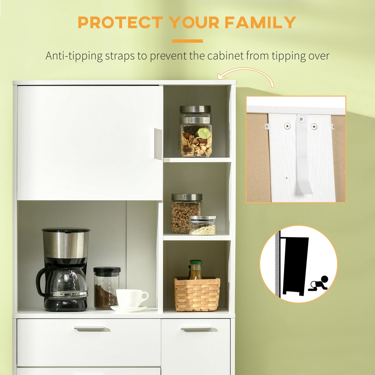 HOMCOM Kitchen Cupboard, Modern Kitchen Storage Cabinet with Shelves and Drawer, Free Standing Kitchen Units, 166Â cm, White