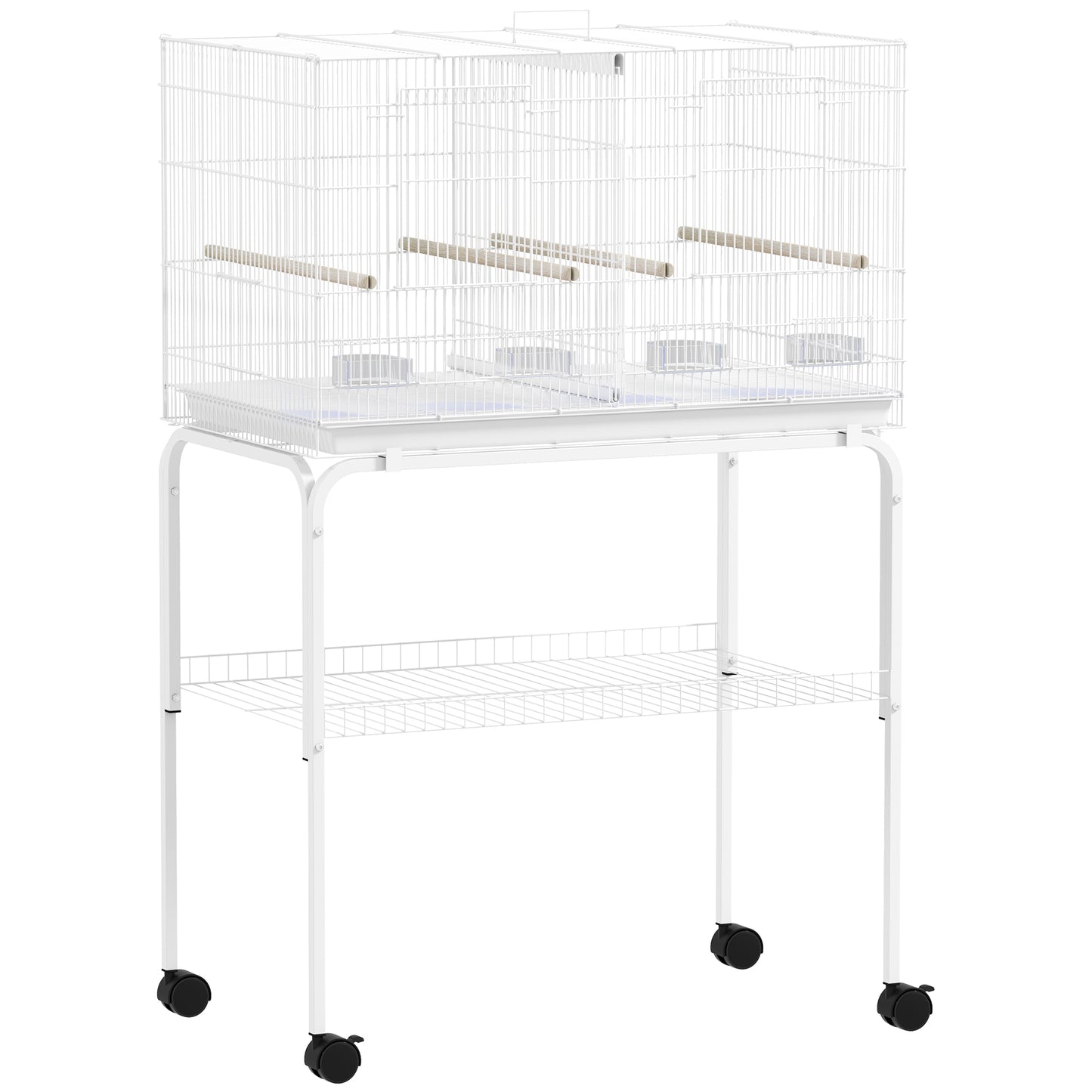 PawHut Bird Cage with Divider, 4 Wooden Perches, Slide Out Tray, 4 Feeders, for Budgie, Lovebird, Canary, 76 x 46 x 116cm White Default Title