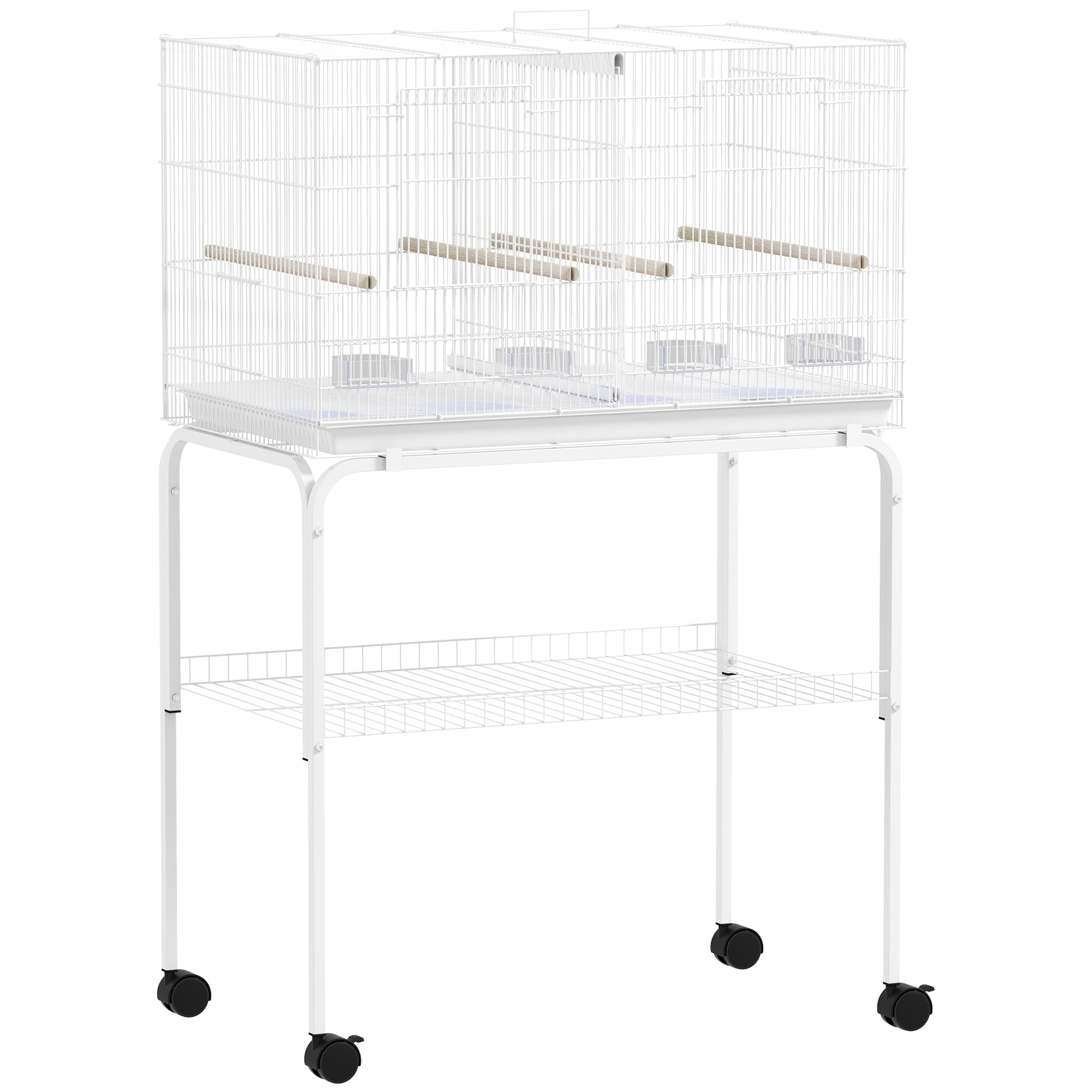 PawHut Bird Cage with Divider, 4 Wooden Perches, Slide Out Tray, 4 Feeders, for Budgie, Lovebird, Canary, 76 x 46 x 116cm White Default Title