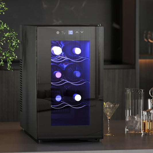 HOMCOM Mini Table Top Wine Fridge, 8 Bottle, 17L, 8-18â„ƒ, 26.5cm Quiet Under Counter Wine Cooler Fridge with Glass Door, LED Light, Digital Touch Screen, Temperature Control
