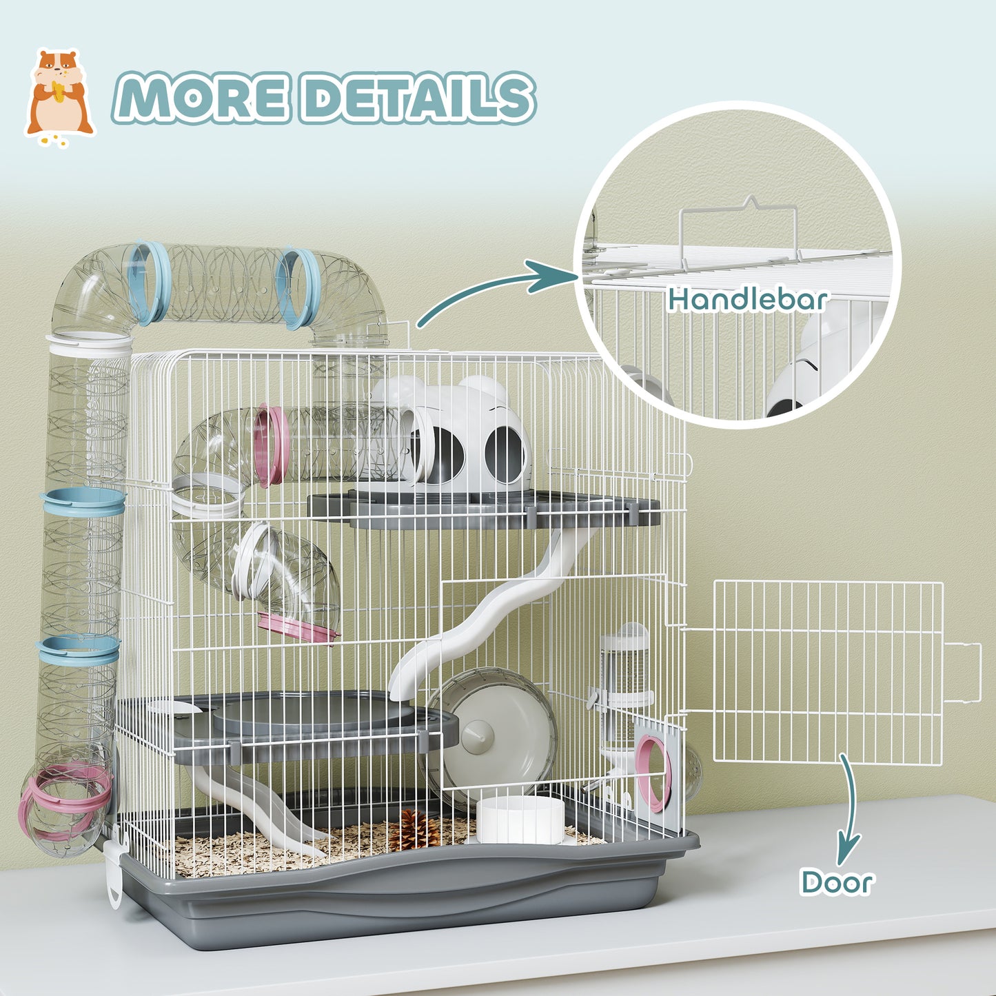 PawHut 3-Tier Hamster Cage with Exercise Wheels, Water Bottle, Food Dish, for Dwarf Hamsters, 45 x 30 x 45 cm, Grey