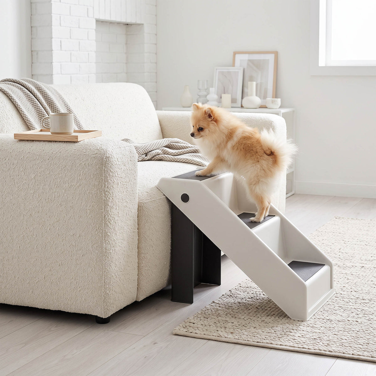 PawHut Foldable Dog Steps, Lightweight Portable Pet Stairs with 3 Non-Slip Steps for Beds or Sofas, Cream White
