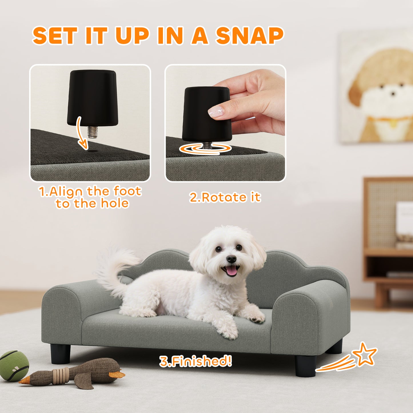 PawHut Elevated Dog Sofa Bed, Breathable Pet Sofa with Backrest and Armrest for Small Dogs, Grey