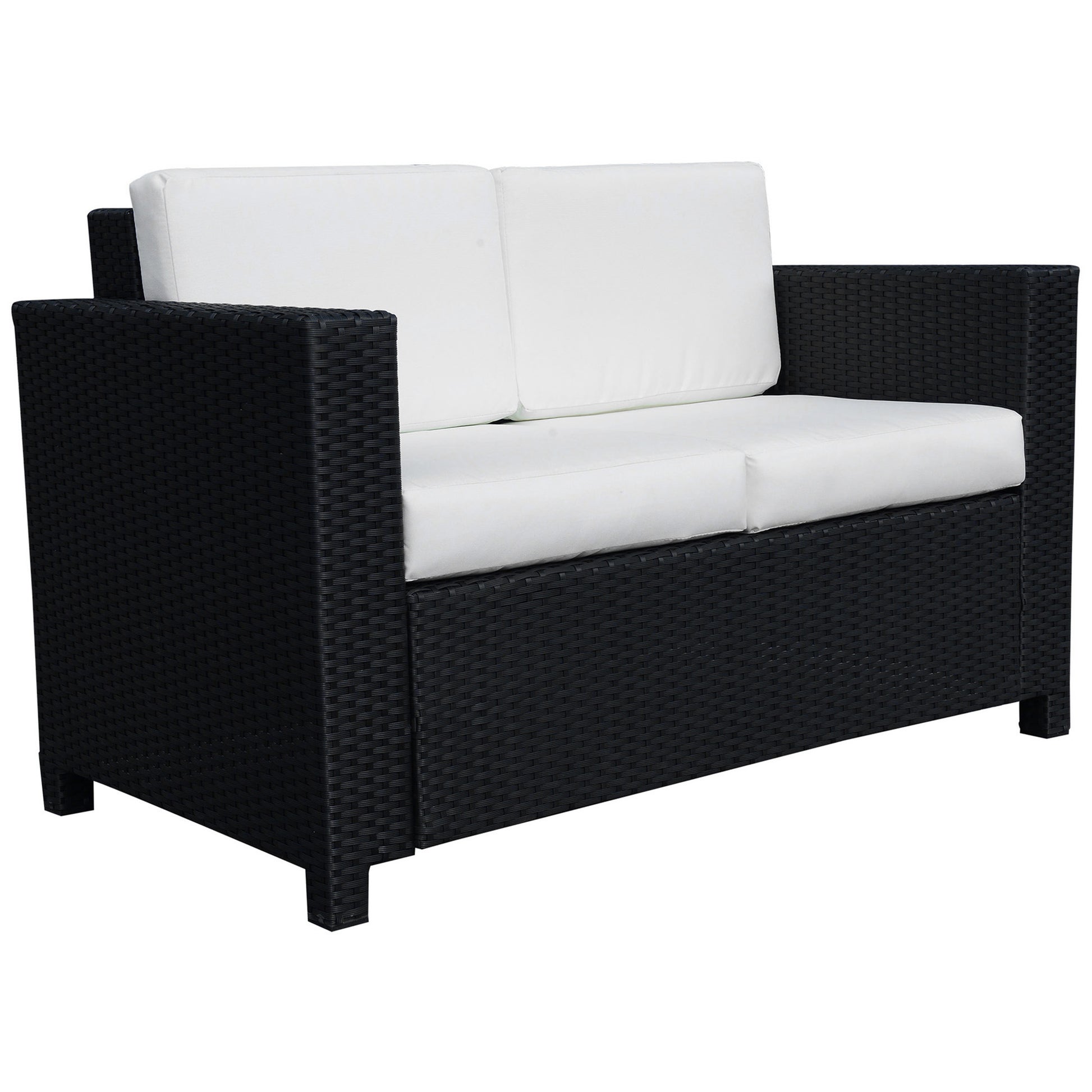 Outsunny Rattan Sofa, 2 Seater Garden Furniture with Soft Padded Cushion and Armrests, Wicker Garden Loveseat for Patio, Black