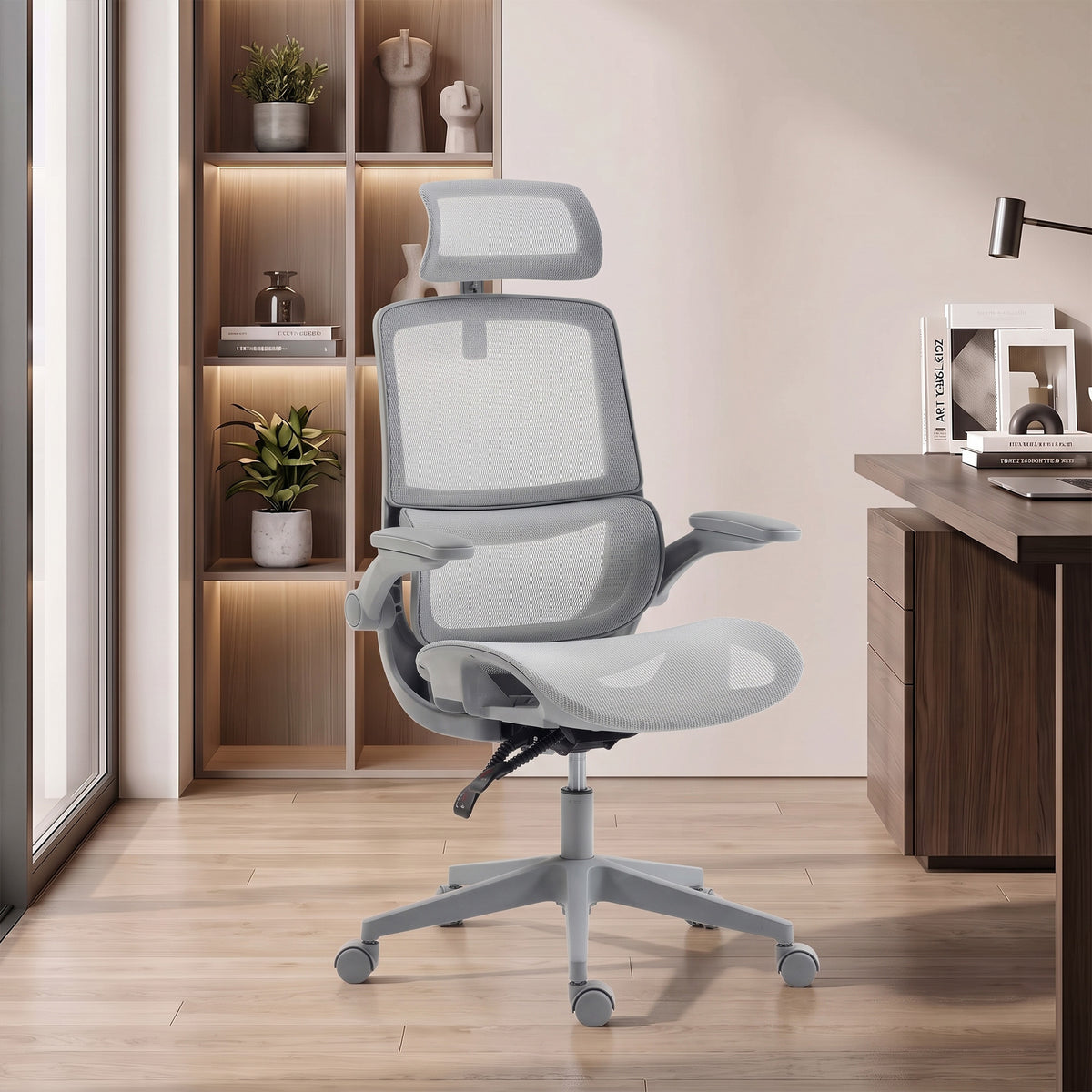 HOMCOM Ergonomic Office Chair with Adaptive Lumbar Support, Reclining Mesh Desk Chair with 2D Headrest, Flip-Up Arms, Grey