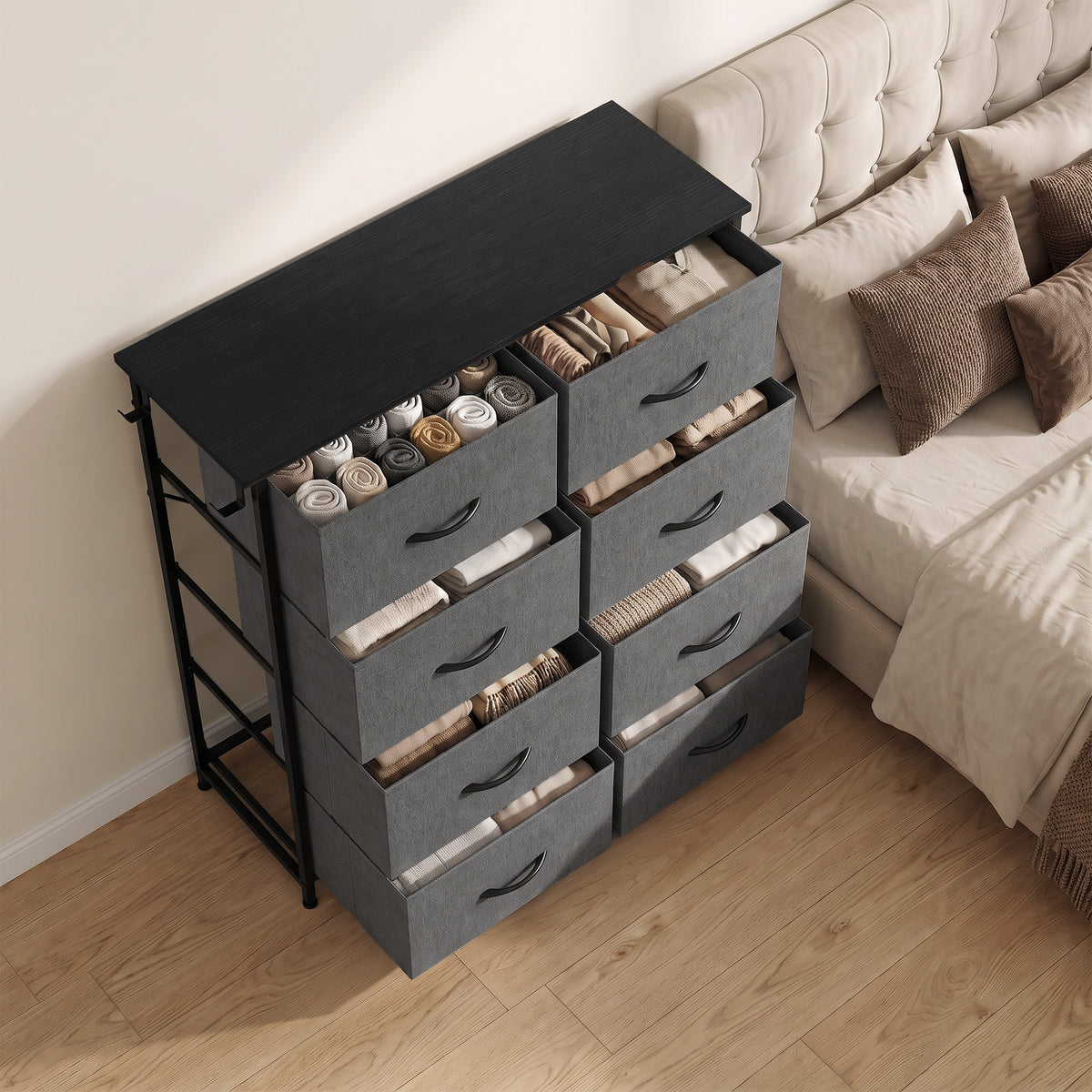 HOMCOM Chest of Drawers, Dresser for Bedroom with 8 Fabric Drawers, Tall Storage Unit w/ Side Storage Bag, Grey