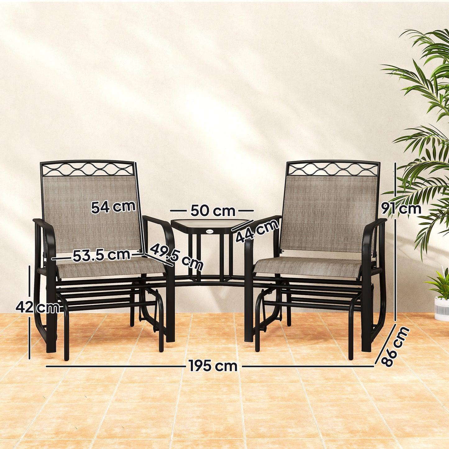 Outsunny Double Outdoor Glider Chair, 2 Seater Patio Rocking Chairs, Swing Bench with Tempered Glass Table, Breathable Mesh Fabric for Backyard, Garden, Porch, Brown