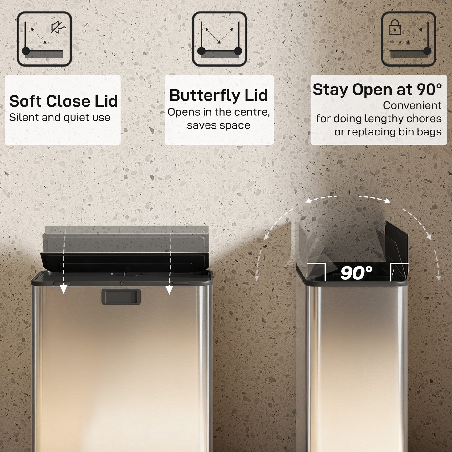 HOMCOM Dual Kitchen Bin with Soft-Close Butterfly Lid, 2 x 28L Stainless Steel Pedal Bin with Removable Inner Buckets, Fingerprint-Proof for Recycling and Waste, Silver Tone