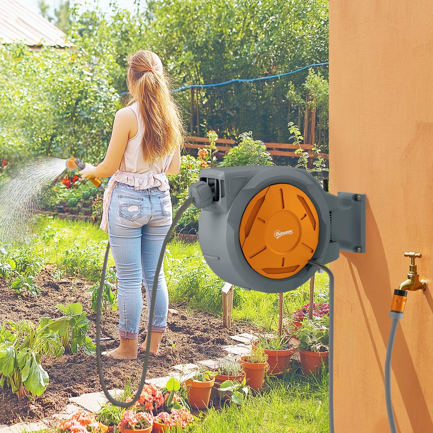 Outsunny Retractable Hose Reel Wall Mounted, 30+2m Garden Hose Pipe Reel with Lock, Auto Rewind, 7 in 1 Spray Nozzle, Includes Wall Fixings, 180Â° Swivel, Outdoor Watering, Orange