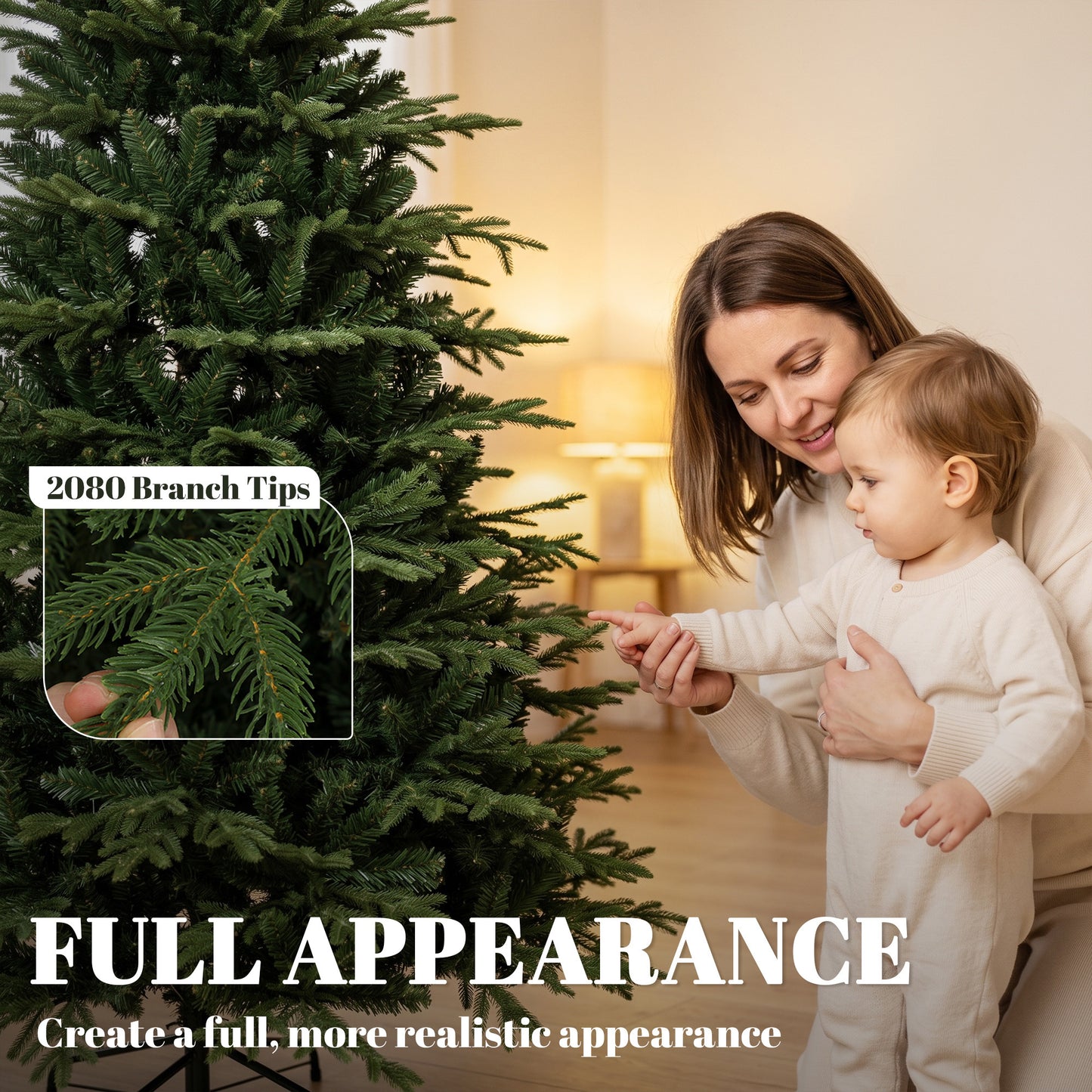 HOMCOM 7ft Artificial Christmas Tree with 2080 Realistic Tips, Hinged Xmas Tree with Wide Shape for Home Office, Green
