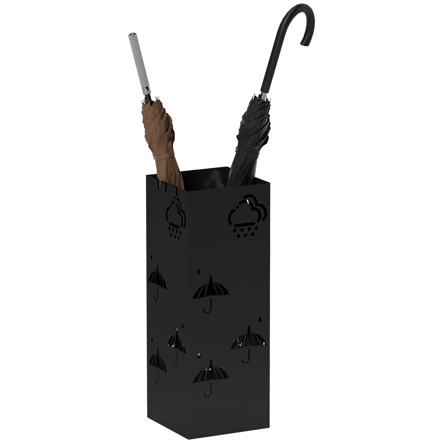 HOMCOM Metal Umbrella Stand, Square Umbrella Holder with Removable Drip Tray and 4 Hooks, Decorative Umbrella Storage Rack for Hallway, Entryway, 15.5 x 15.5 x 41 cm, Black Default Title