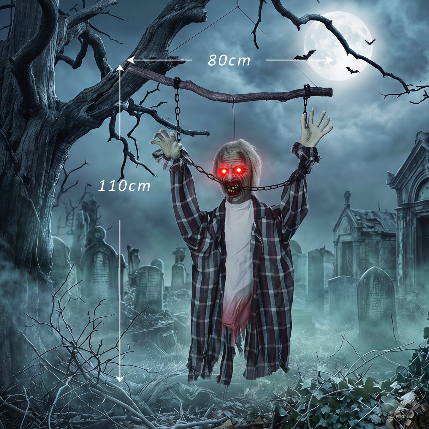 HOMCOM 110cm Screaming Animated Hanging Halloween Decoration, Sound Touch Activated Zombie Decor with Glowing Red Eyes