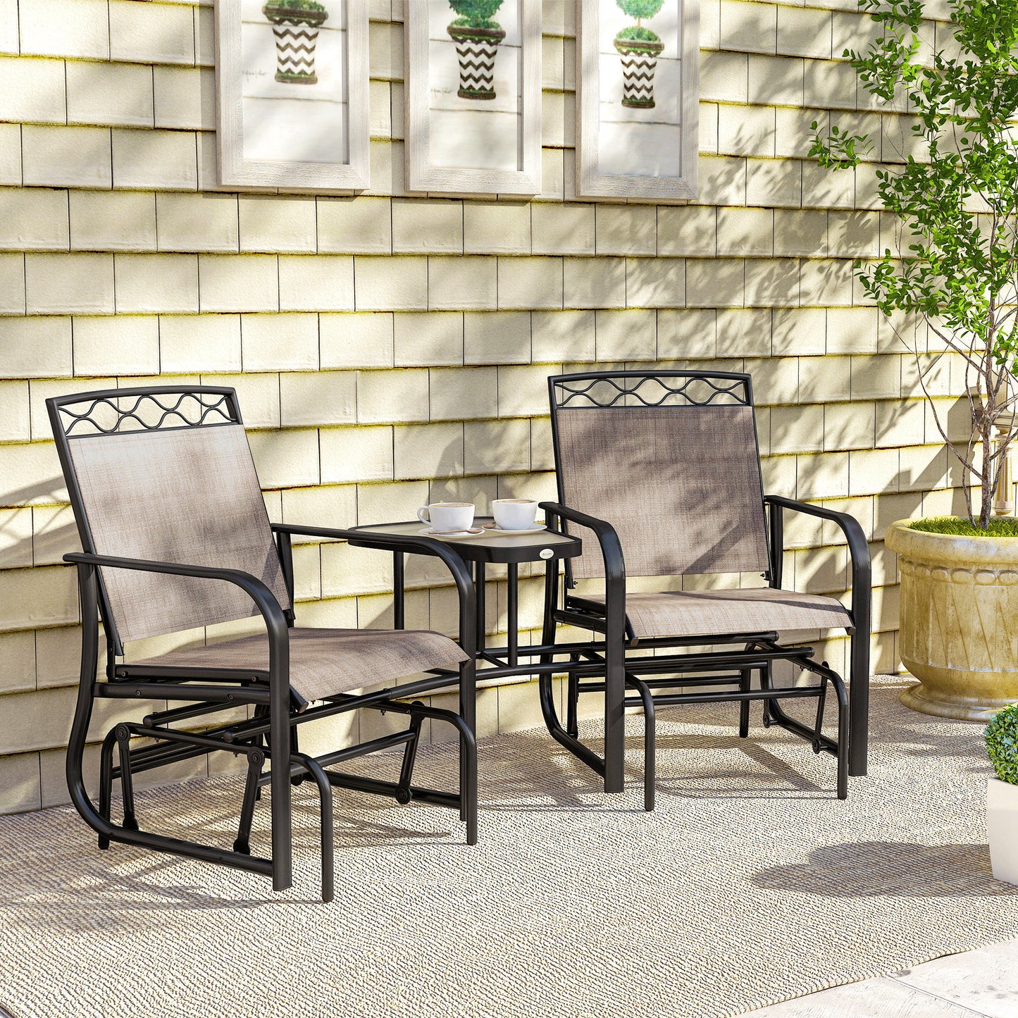 Outsunny Double Outdoor Glider Chair, 2 Seater Patio Rocking Chairs, Swing Bench with Tempered Glass Table, Breathable Mesh Fabric for Backyard, Garden, Porch, Brown