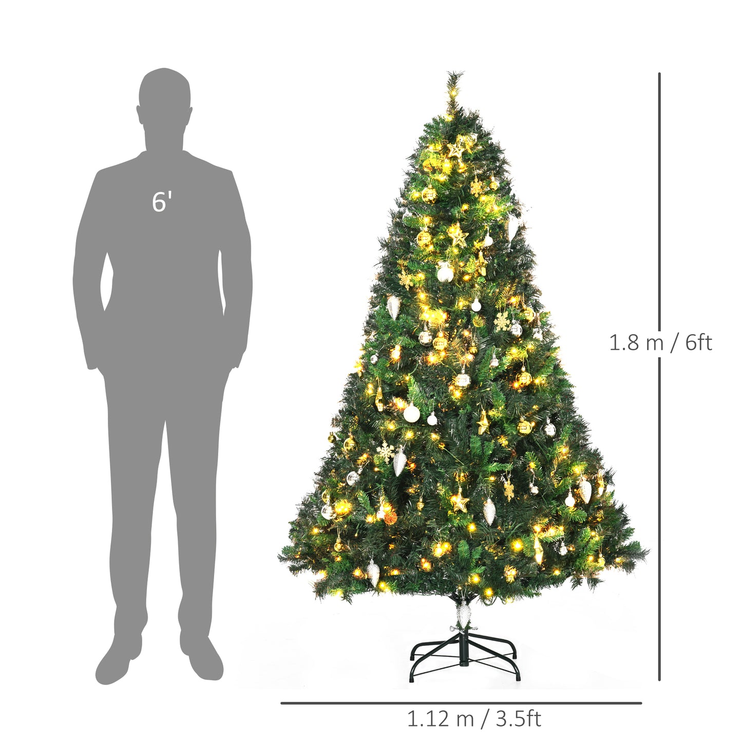 HOMCOM 1.8m 6ft Pre-Lit Artificial Christmas Tree 200 LED Xmas Tree Holiday DÃ©cor with Decorative Balls Ornament Metal Stand