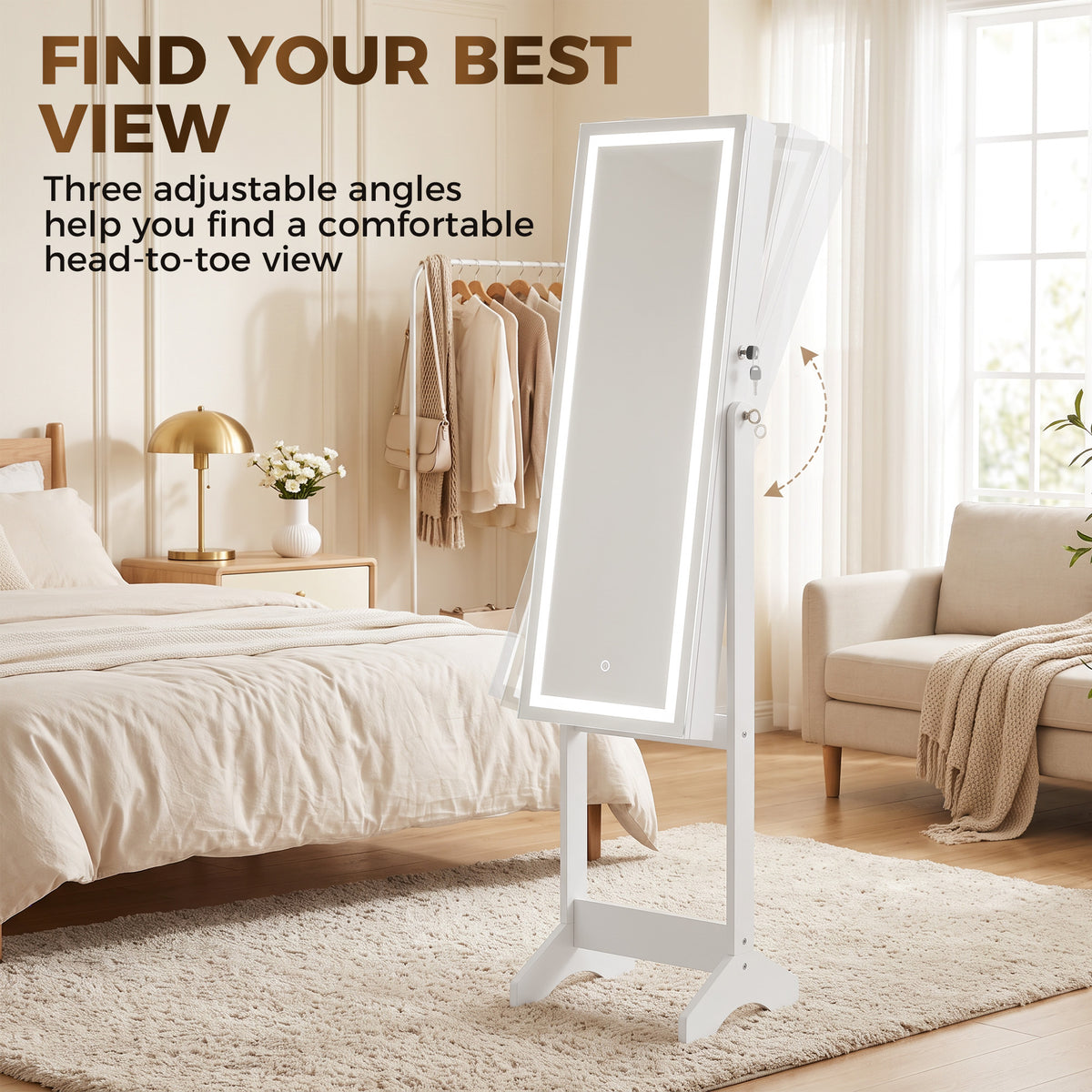 HOMCOM Mirror Jewelry Cabinet with LED Light, Freestanding Lockable Full Length Mirror with Storage, 3 Angles Adjustable, White