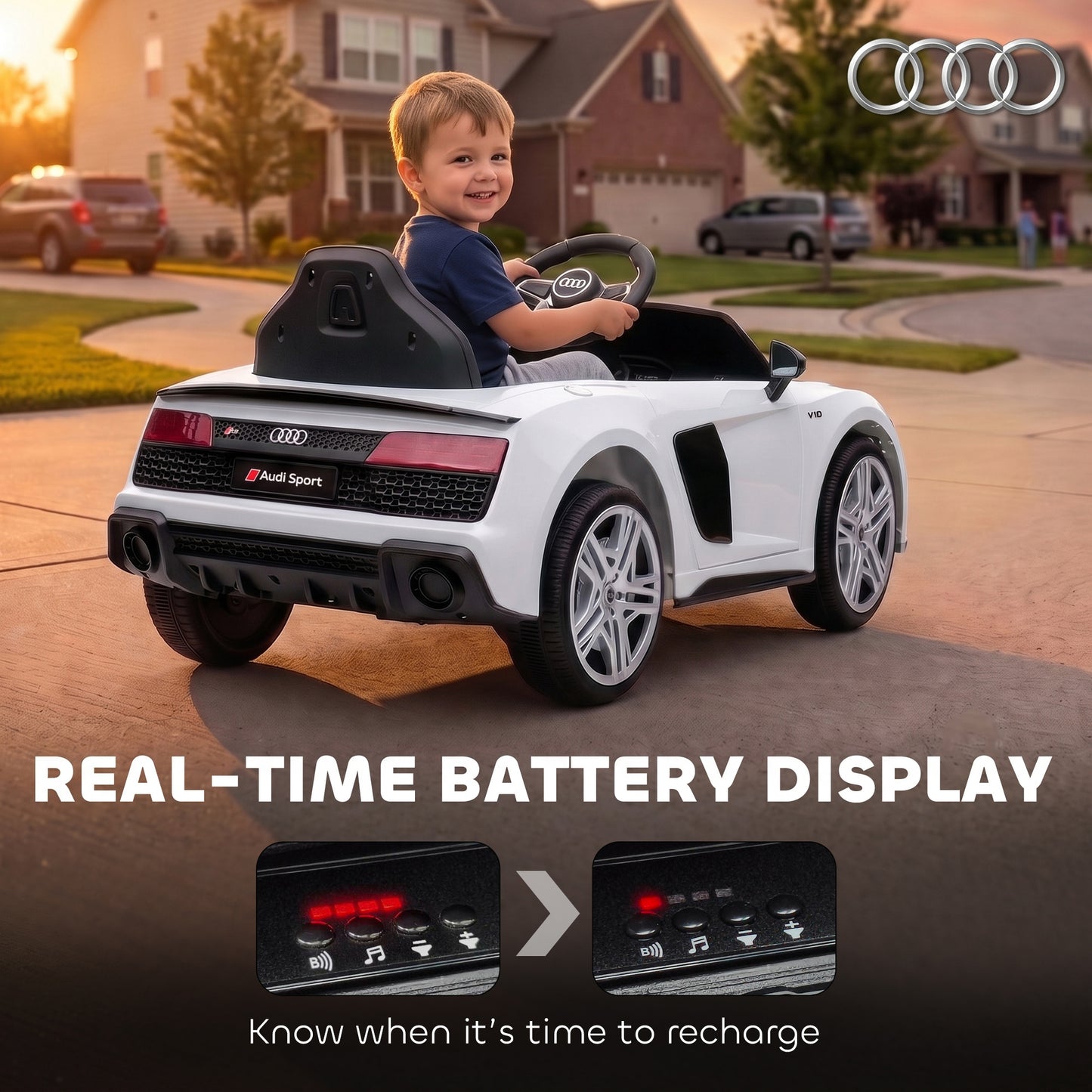 AIYAPLAY Licensed Audi R8 Spyder 12V Electric Car for Kids with Remote Control, Dual Motors, Rear Suspension, Soft Start, White